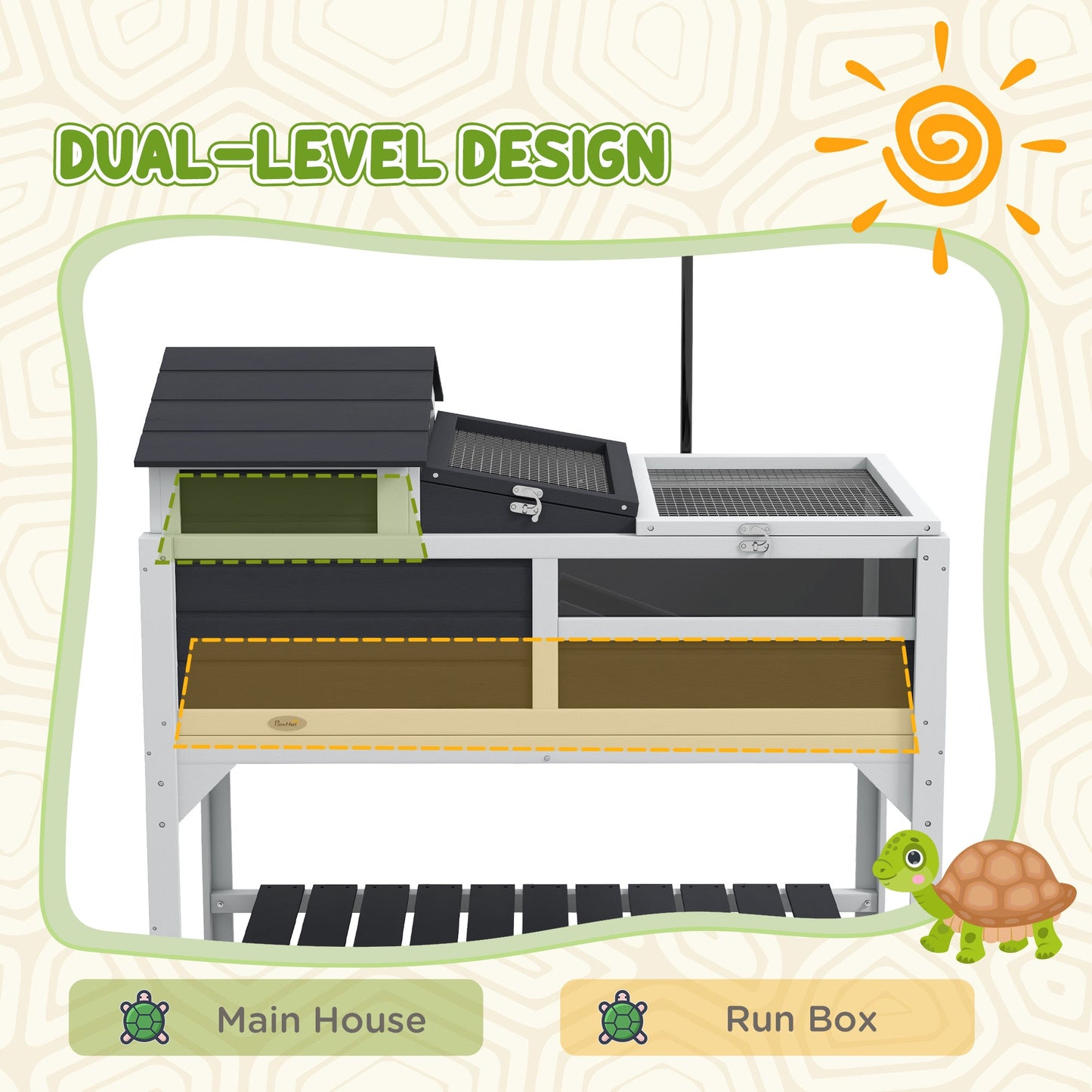 Tortoise House, 2 Layers Wooden Tortoise Enclosure with Adjustable Lamp Holder, Tortoise Table with Openable Lid, Removable Main House, Storage Shelf, Run Box, Fixed Tray - Grey