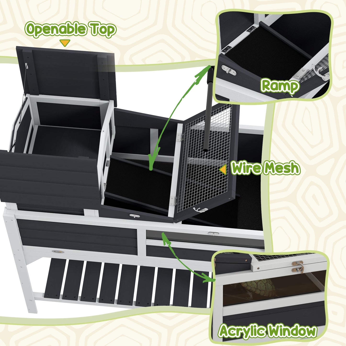 Tortoise House, 2 Layers Wooden Tortoise Enclosure with Adjustable Lamp Holder, Tortoise Table with Openable Lid, Removable Main House, Storage Shelf, Run Box, Fixed Tray - Grey