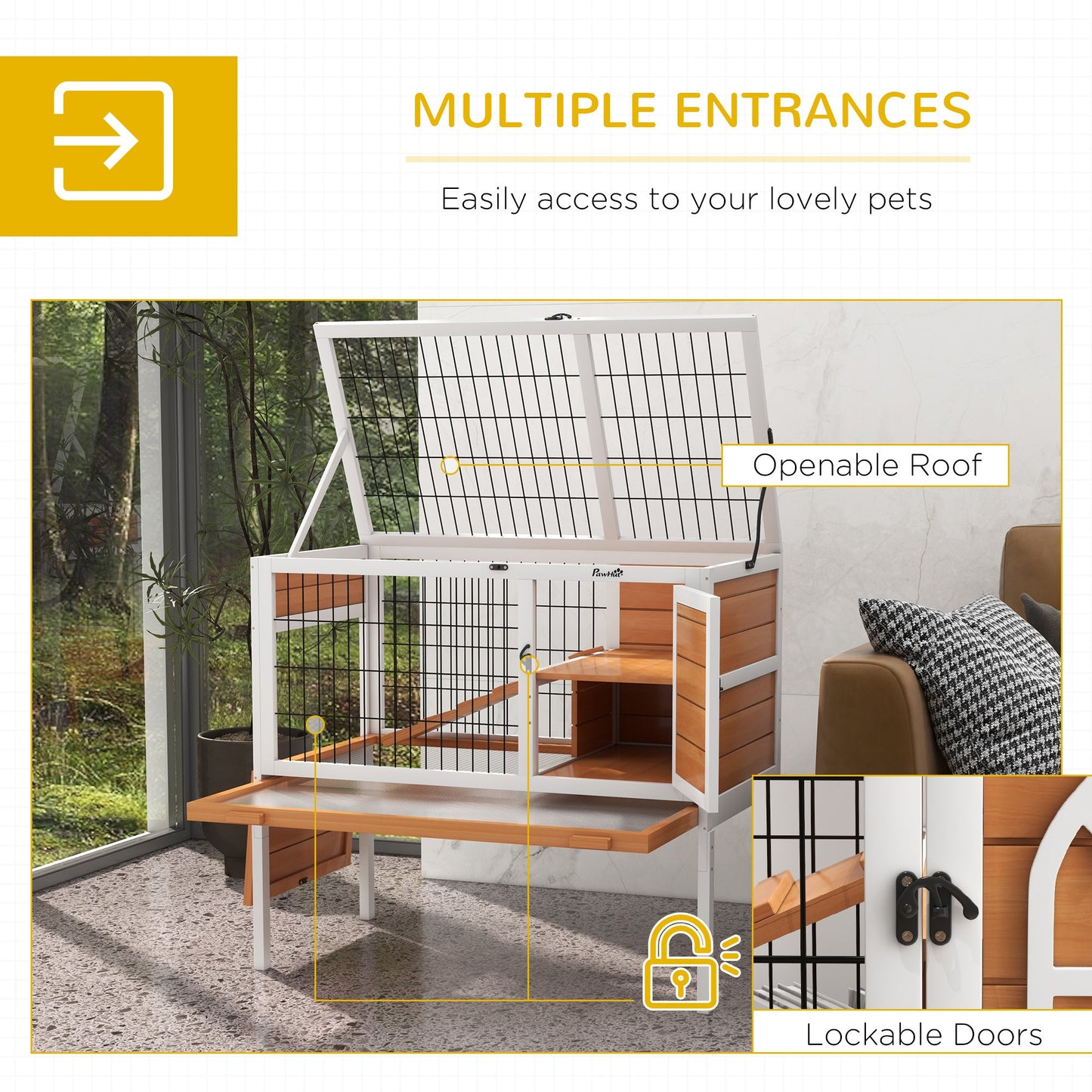 Wooden Rabbit Hutch, Elevated Guinea Pig Cage w/ Openable Roof, Ladder, Removable Tray, 90 x 53 x 87cm - Yellow