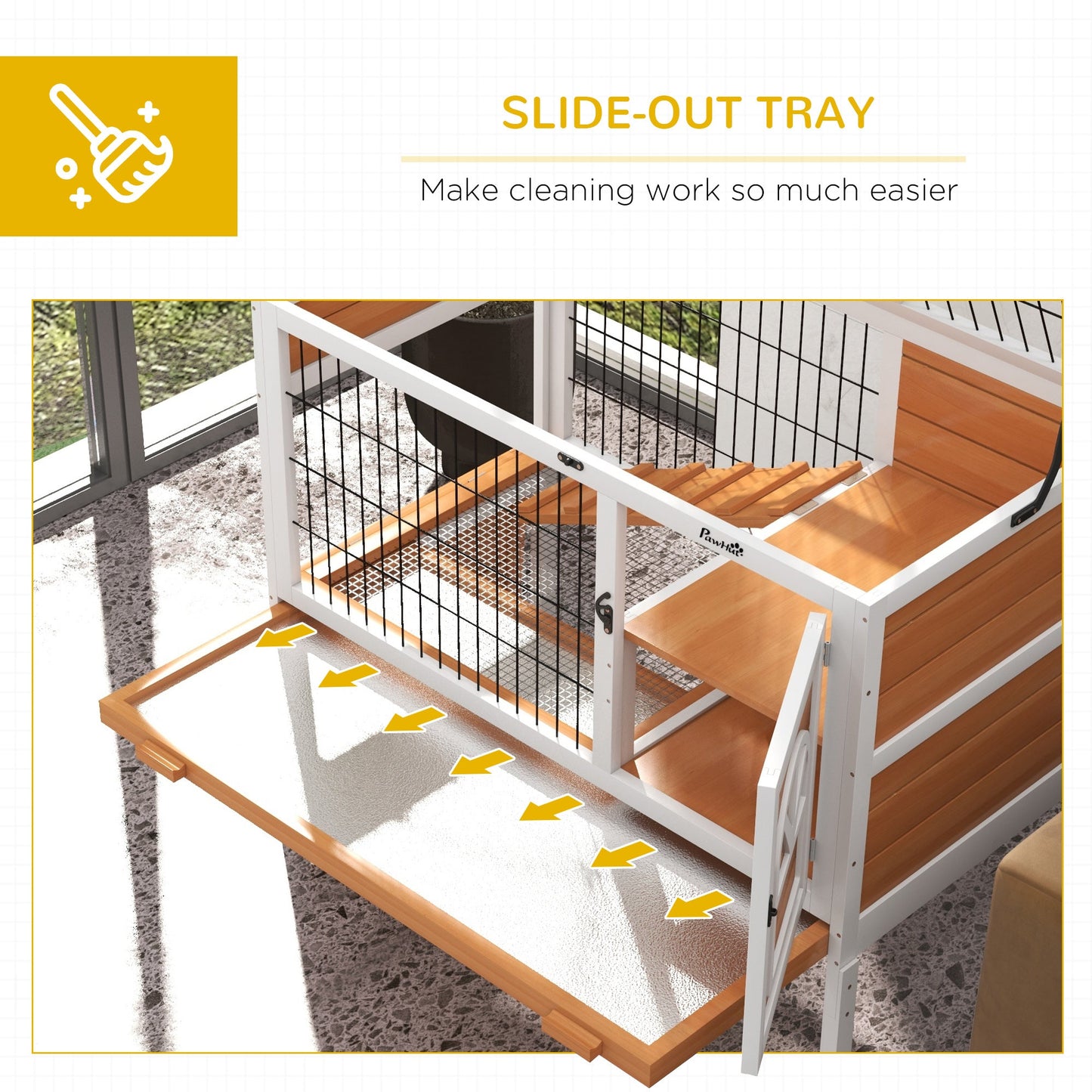 Wooden Rabbit Hutch, Elevated Guinea Pig Cage w/ Openable Roof, Ladder, Removable Tray, 90 x 53 x 87cm - Yellow