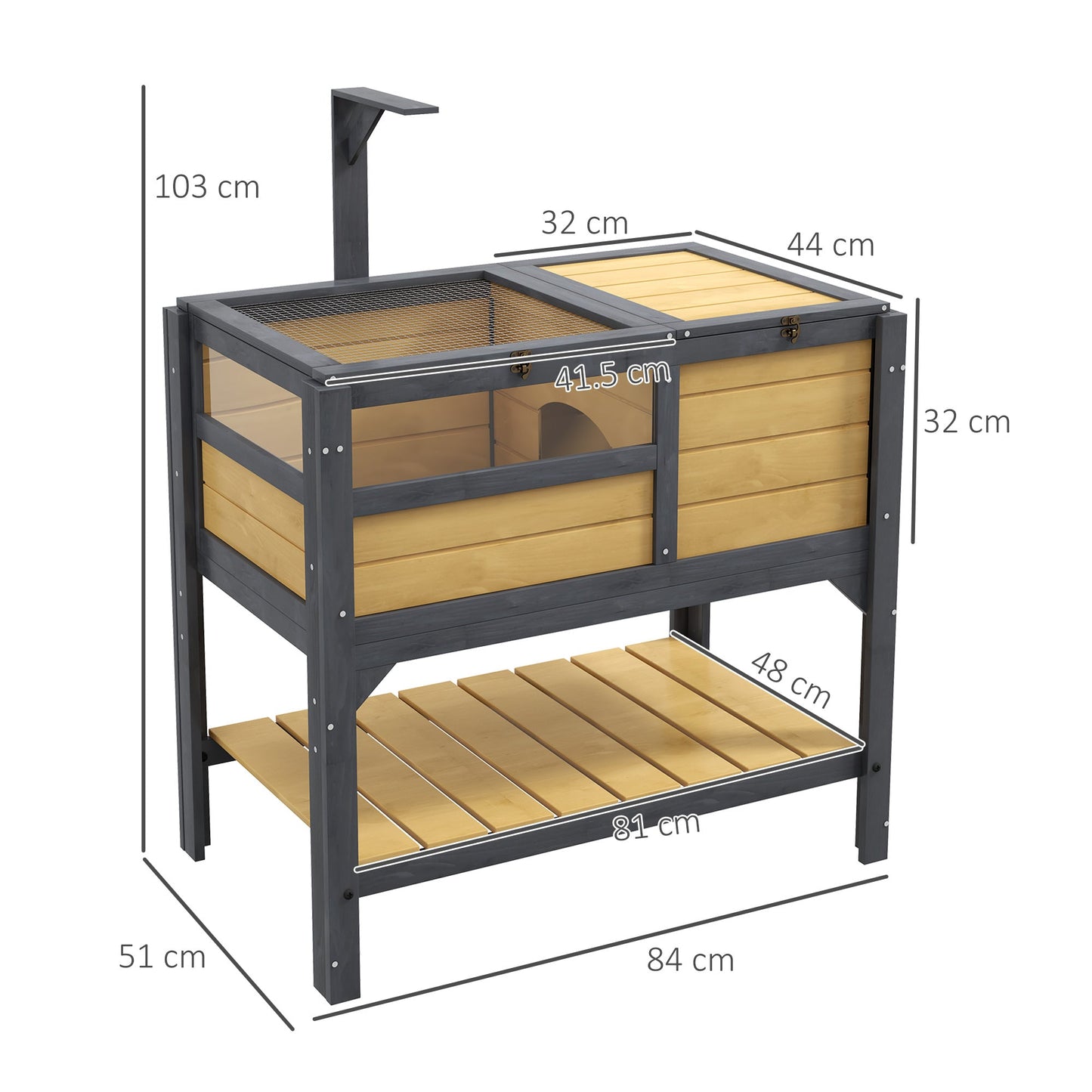 Tortoise House w/ Shelf, Small Pet Reptile Wooden House w/ Hide Shelter Den and Run, Lamp Holder, Tray, for Indoors, Outdoors - Yellow