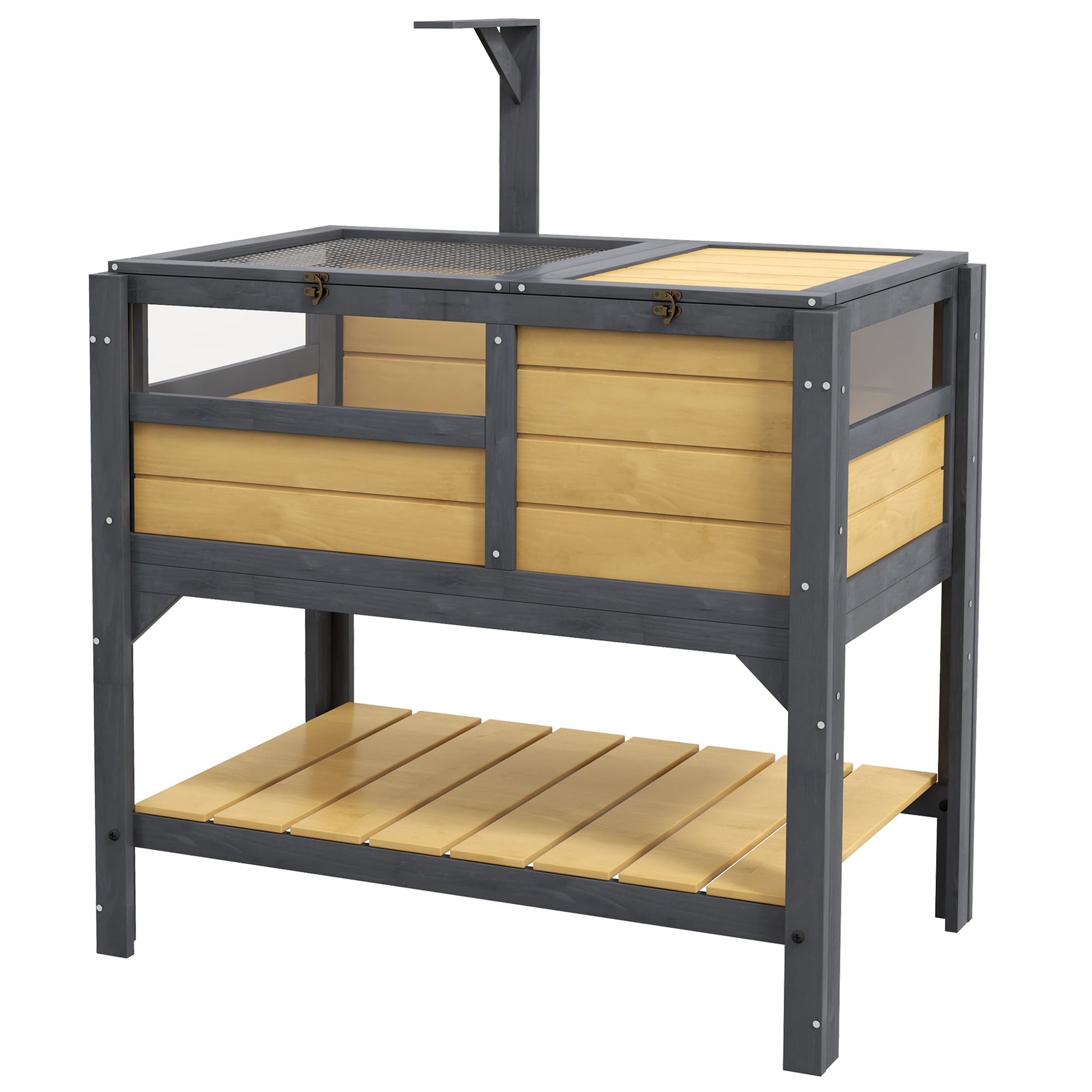 Tortoise House w/ Shelf, Small Pet Reptile Wooden House w/ Hide Shelter Den and Run, Lamp Holder, Tray, for Indoors, Outdoors - Yellow