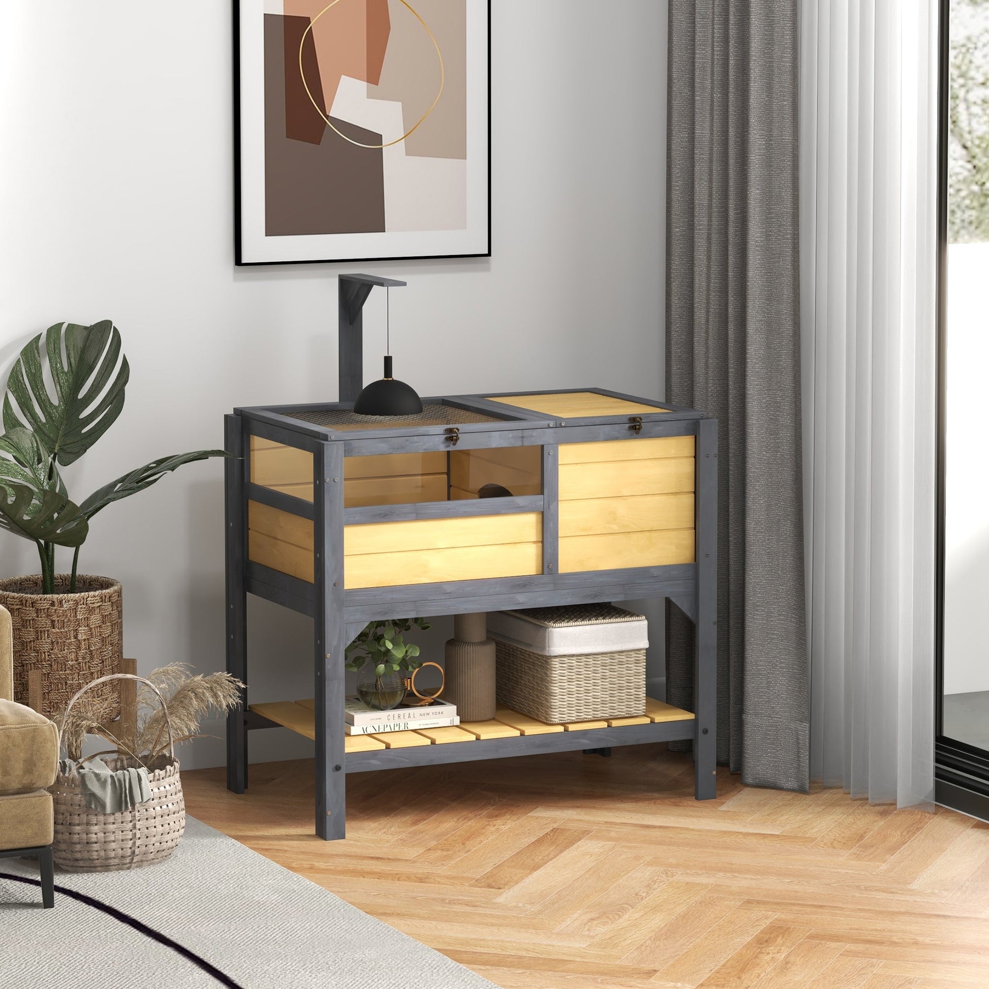 Tortoise House w/ Shelf, Small Pet Reptile Wooden House w/ Hide Shelter Den and Run, Lamp Holder, Tray, for Indoors, Outdoors - Yellow