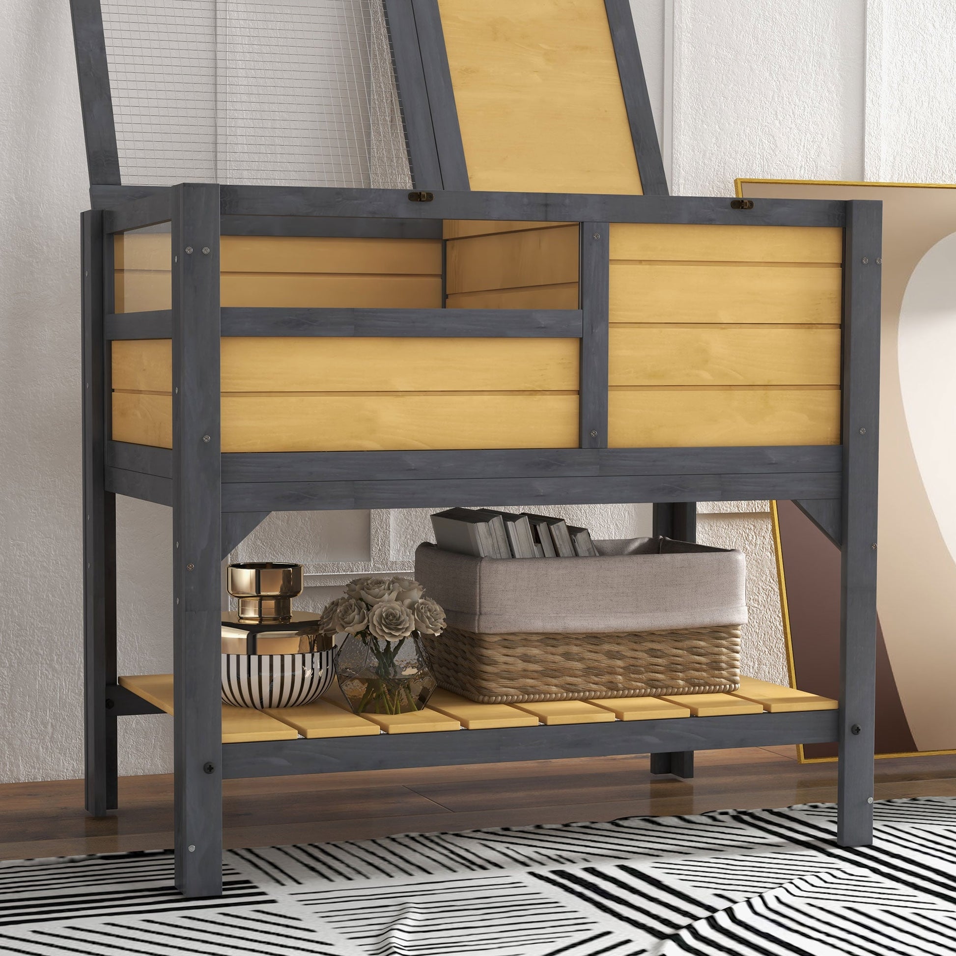 Tortoise House w/ Shelf, Small Pet Reptile Wooden House w/ Hide Shelter Den and Run, Lamp Holder, Tray, for Indoors, Outdoors - Yellow