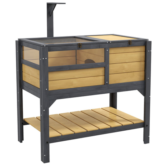 Tortoise House w/ Shelf, Small Pet Reptile Wooden House w/ Hide Shelter Den and Run, Lamp Holder, Tray, for Indoors, Outdoors - Yellow