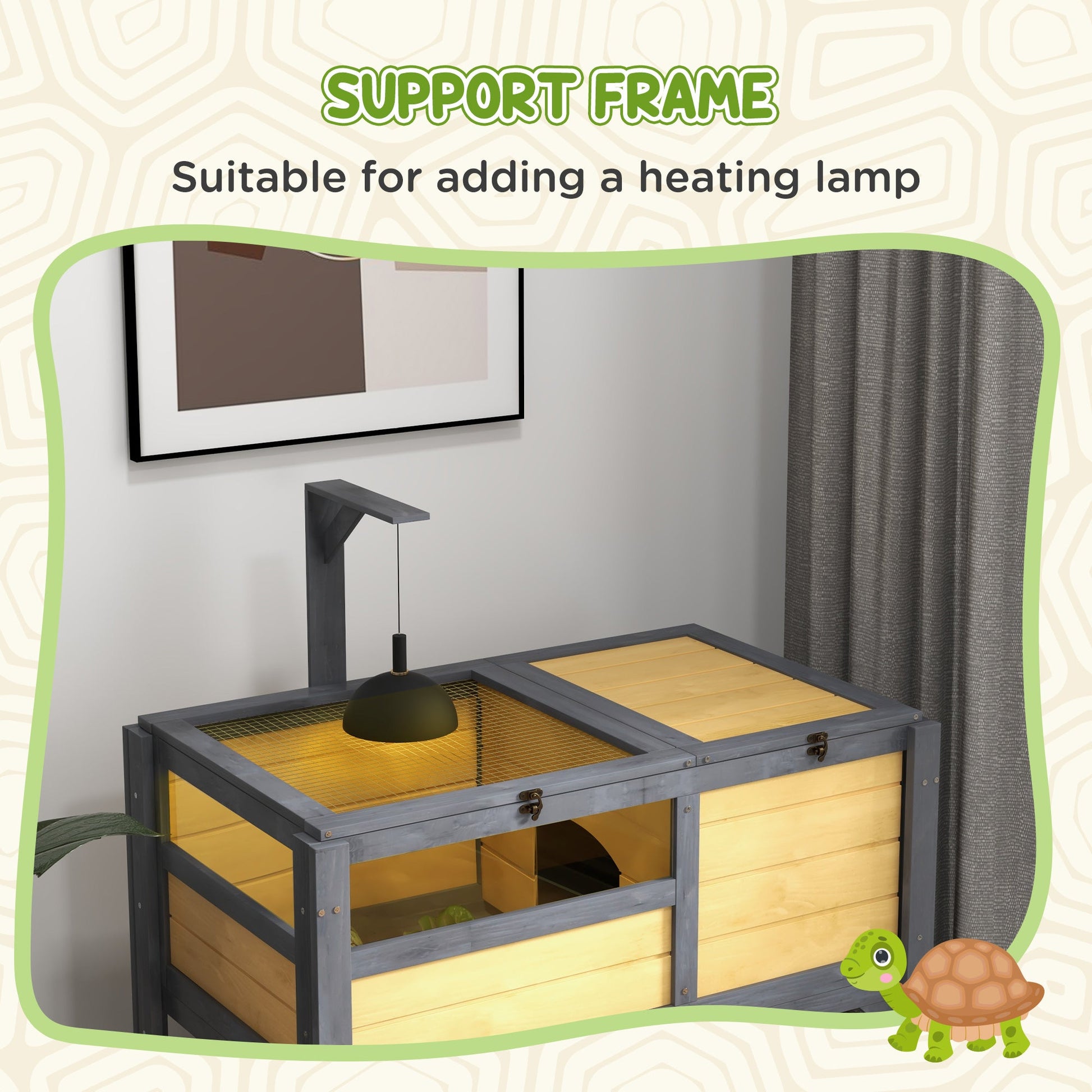 Tortoise House w/ Shelf, Small Pet Reptile Wooden House w/ Hide Shelter Den and Run, Lamp Holder, Tray, for Indoors, Outdoors - Yellow