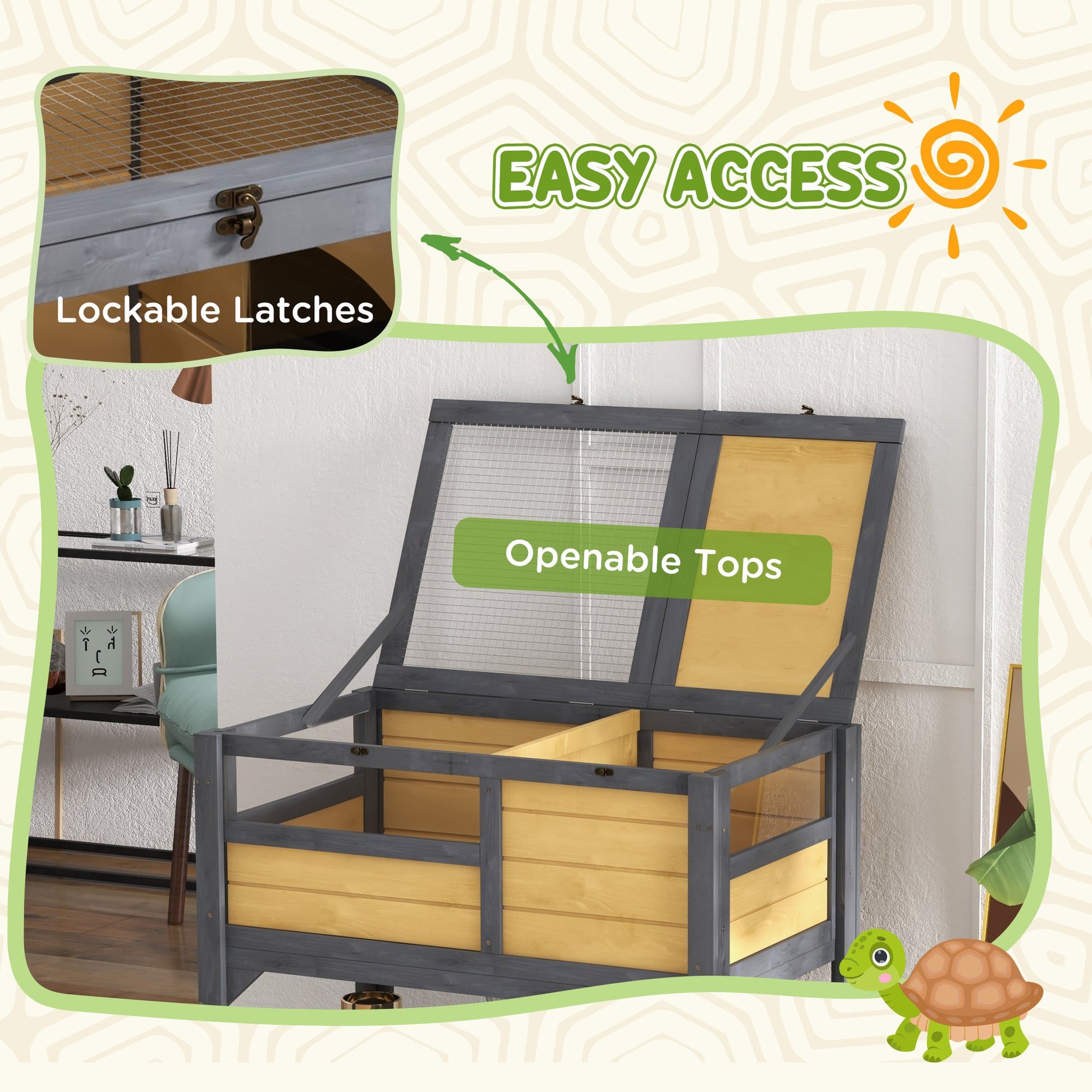 Tortoise House w/ Shelf, Small Pet Reptile Wooden House w/ Hide Shelter Den and Run, Lamp Holder, Tray, for Indoors, Outdoors - Yellow