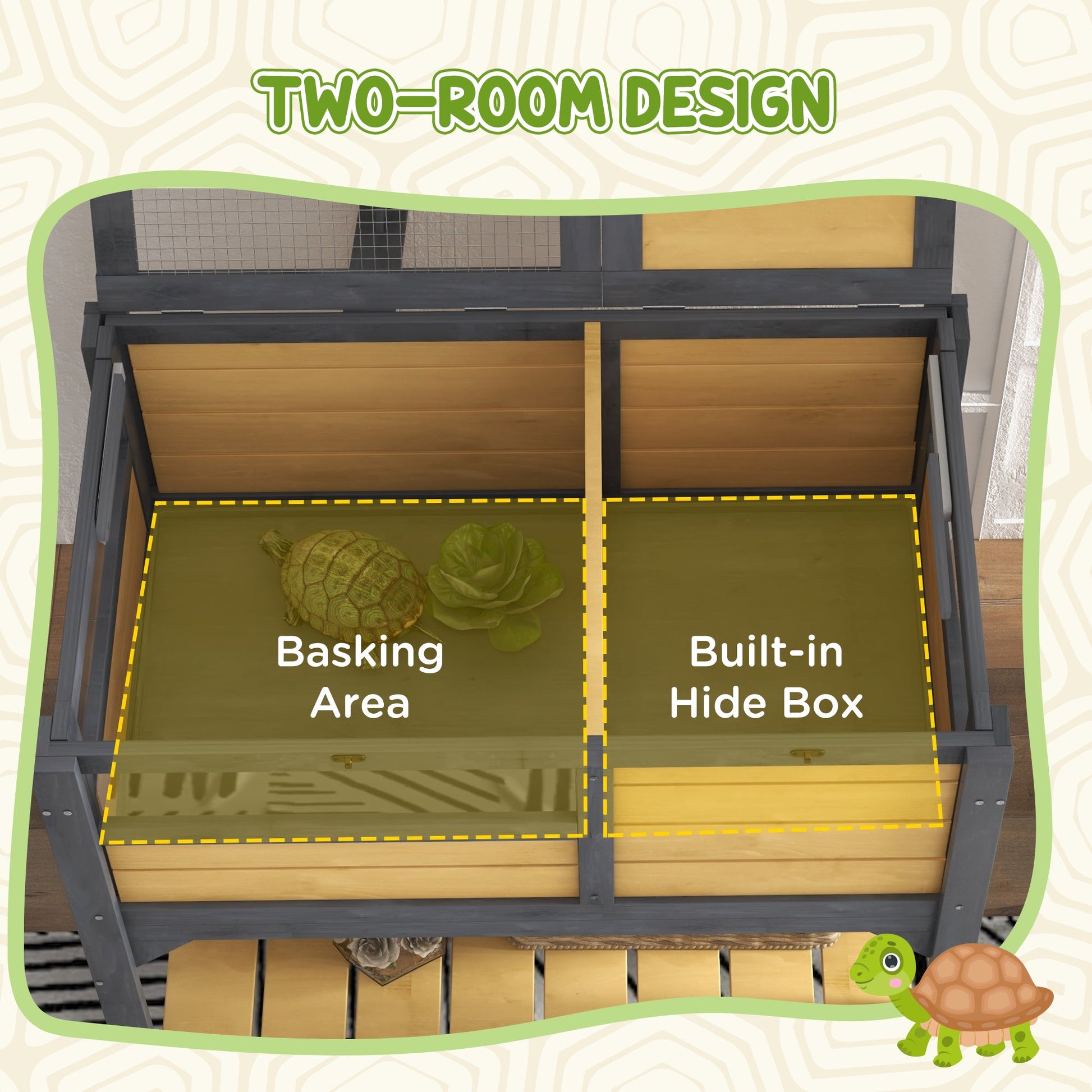 Tortoise House w/ Shelf, Small Pet Reptile Wooden House w/ Hide Shelter Den and Run, Lamp Holder, Tray, for Indoors, Outdoors - Yellow