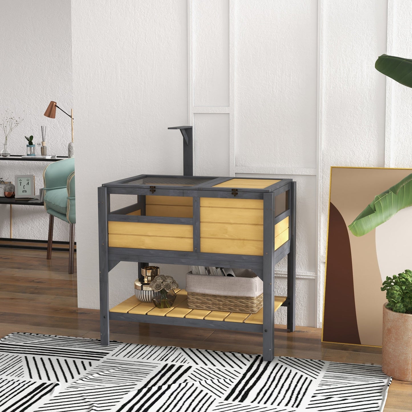 Tortoise House w/ Shelf, Small Pet Reptile Wooden House w/ Hide Shelter Den and Run, Lamp Holder, Tray, for Indoors, Outdoors - Yellow