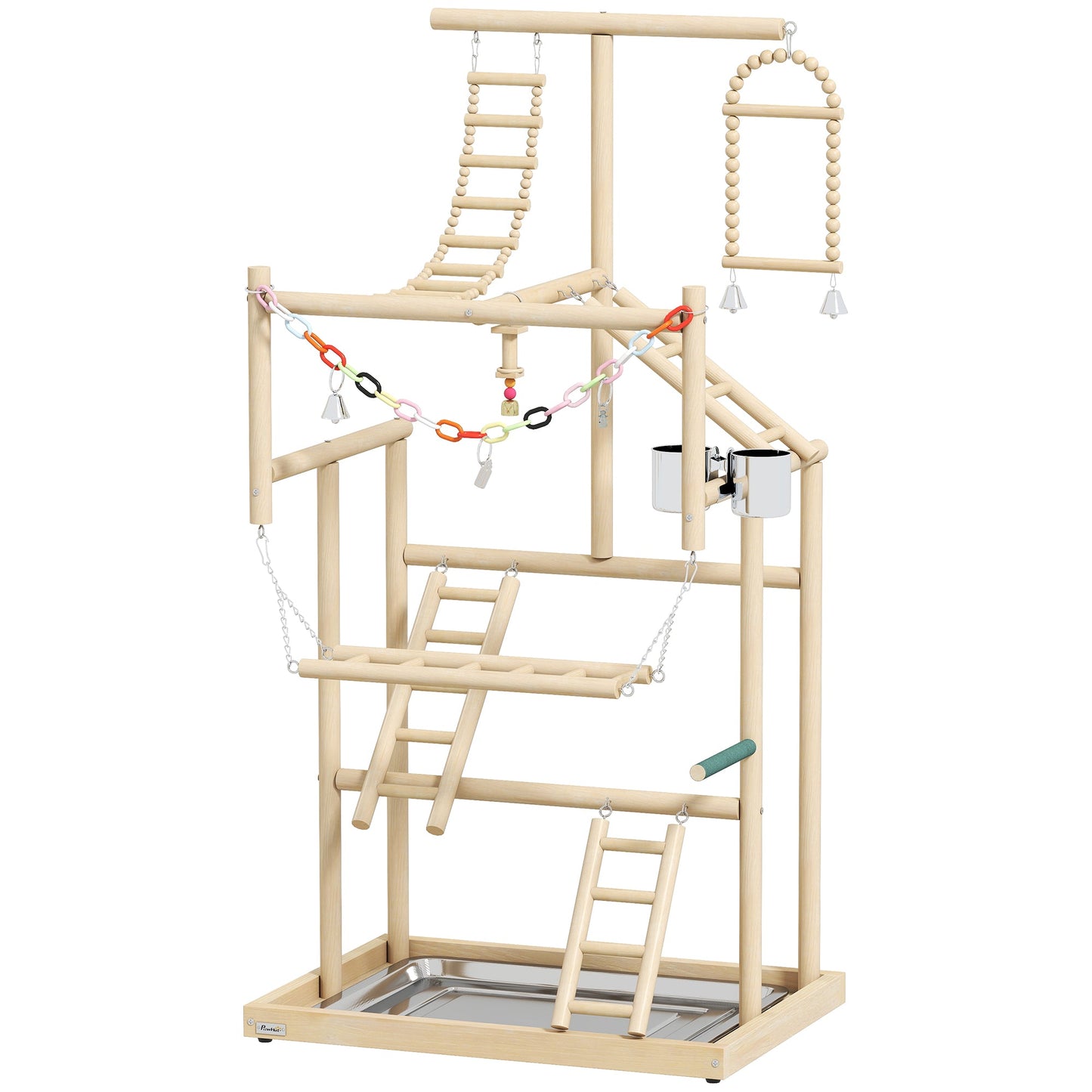 Parrot Play Stand, 95 cm Wooden Bird Playground with Ladders, Chain Toy, Stainless Steel Cups and Tray, Bird Cage Accessories for Parakeets, Cockatiels, Finches, Lovebirds, Budgie