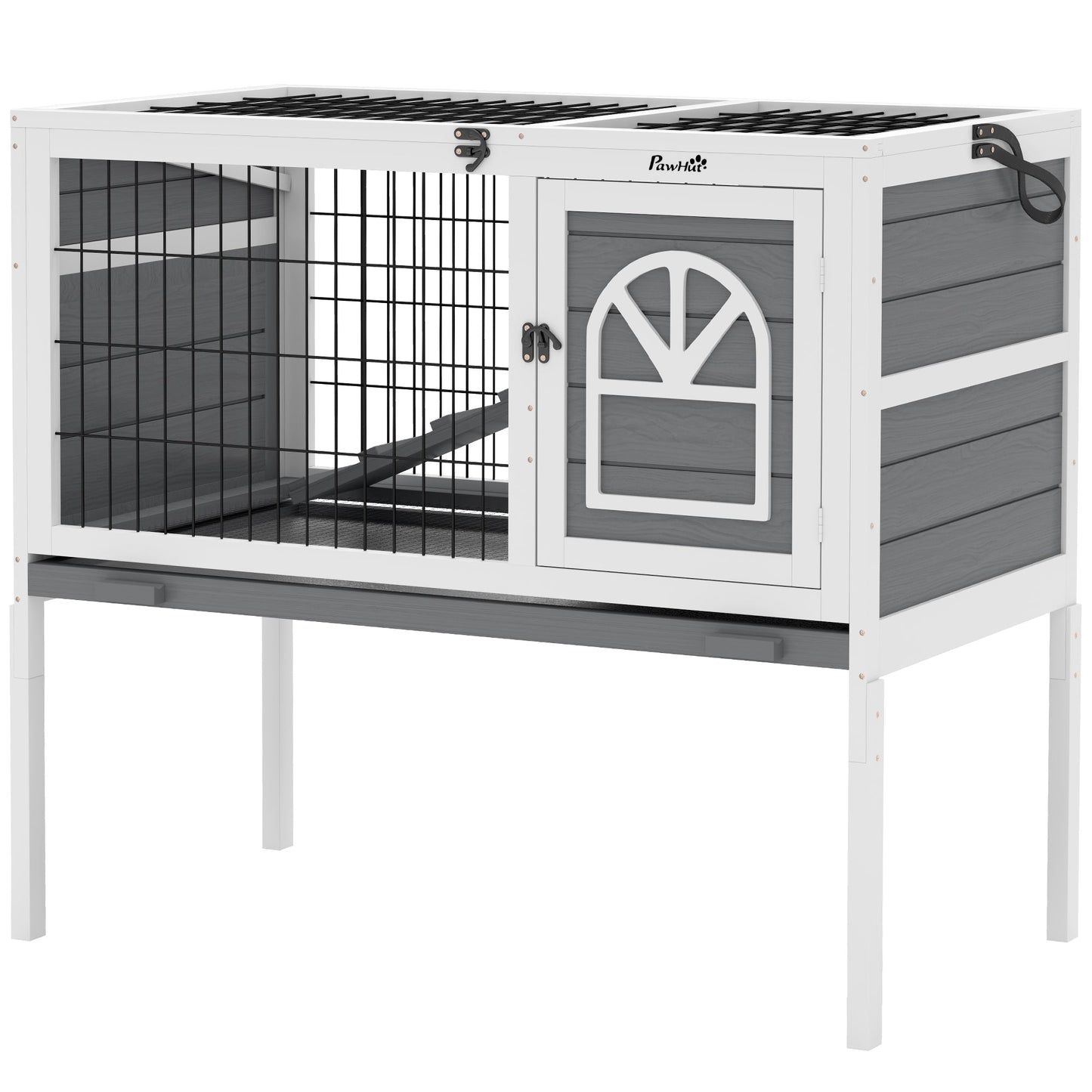 Wooden Rabbit Hutch, Elevated Guinea Pig Cage w/ Openable Roof, Ladder, Removable Tray, 90 x 53 x 87cm - Grey