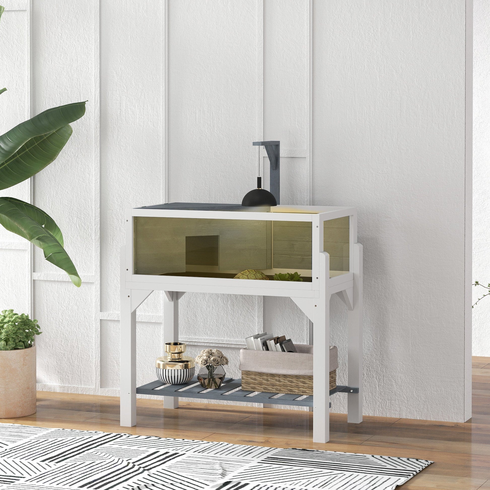 Wooden Tortoise House with Storage Shelf, Tortoise Enclosure Habitat with Clear Windows, Lamp Holder, Openable Top, Built-in Tray, for Indoor Use, Grey