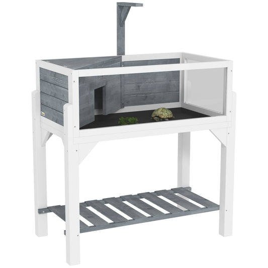 Wooden Tortoise House with Storage Shelf, Tortoise Enclosure Habitat with Clear Windows, Lamp Holder, Openable Top, Built-in Tray, for Indoor Use, Grey