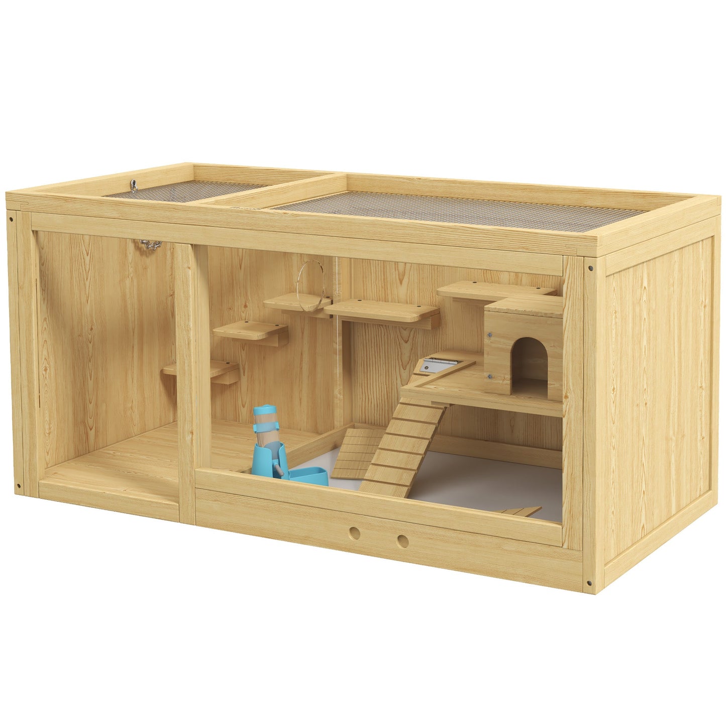Wooden Hamster Cage with Water Bottle, Small Animal Exercise Play House with Platforms, Openable Roof, Sliding Tray, Hut, Seesaws, Natural Wood Finish