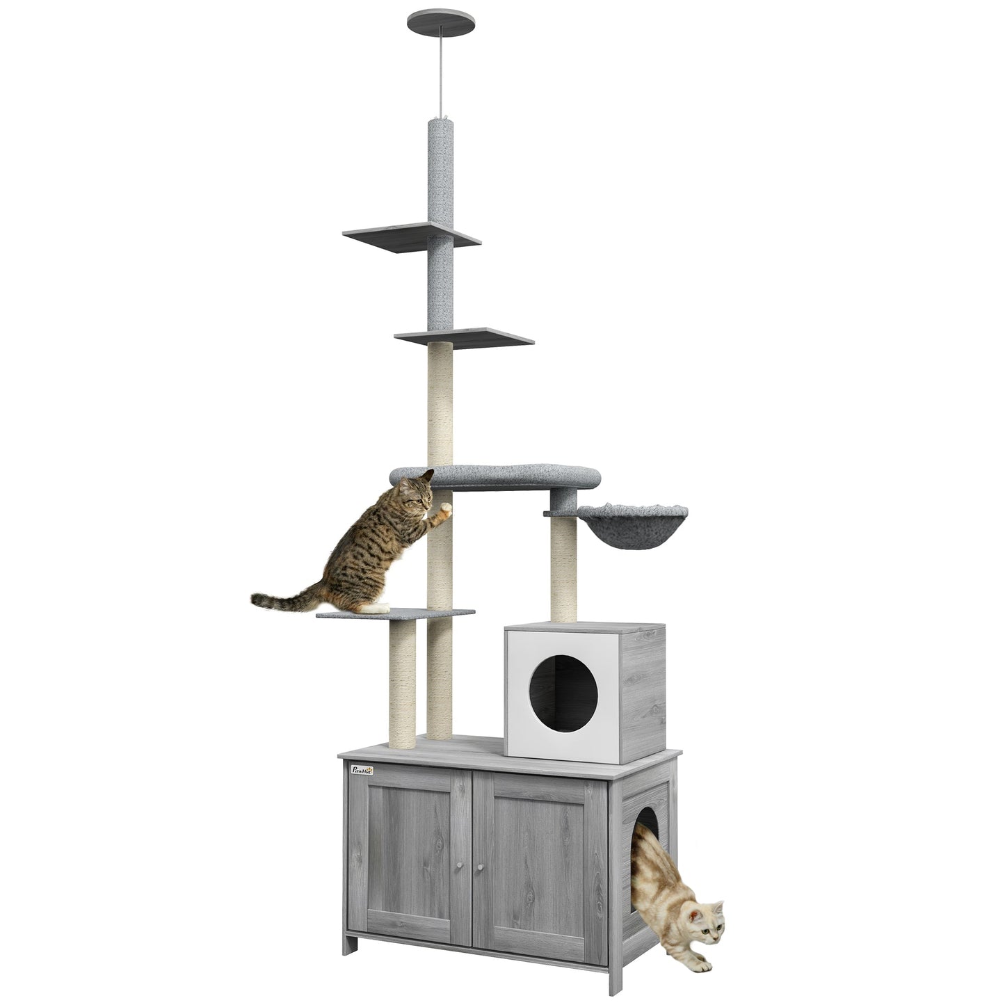 Cat Tree with Hidden Litter Box, 2-in-1 Floor-to-Ceiling Cat Litter Box Furniture with Cat House, Bed, Hammock, Scratching Posts and Platforms for Indoor Use - Grey