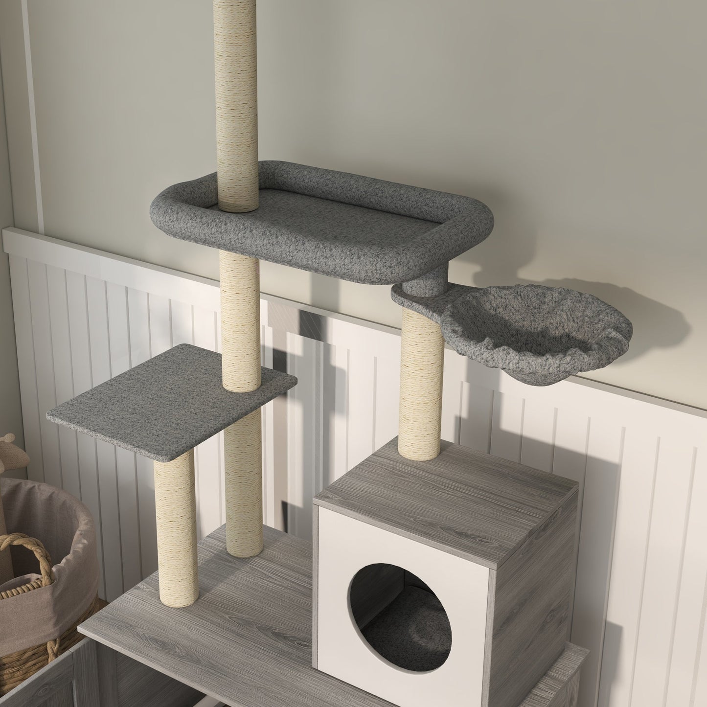 Cat Tree with Hidden Litter Box, 2-in-1 Floor-to-Ceiling Cat Litter Box Furniture with Cat House, Bed, Hammock, Scratching Posts and Platforms for Indoor Use - Grey