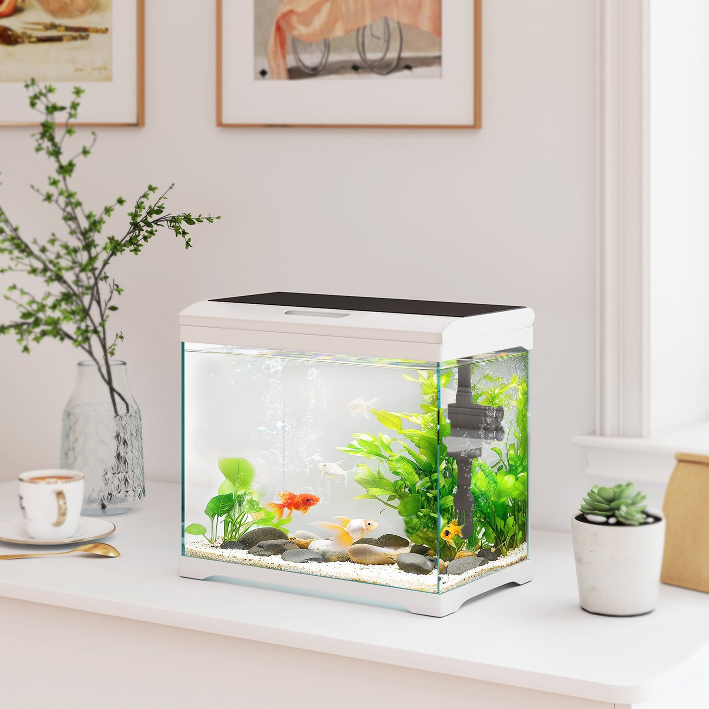 17L Fish Tank, Glass Aquarium with Filter System, LED Light, Water Pump, Fish Tank Starter Kits for Betta, Goldfish, Shrimps, White