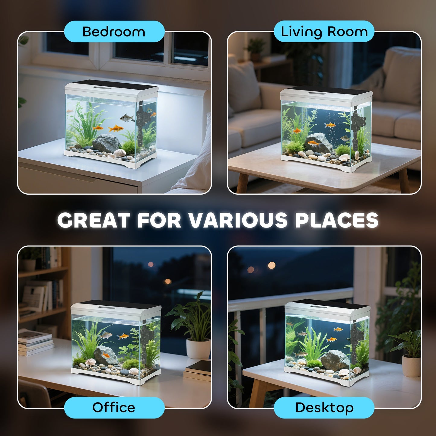 17L Fish Tank, Glass Aquarium with Filter System, LED Light, Water Pump, Fish Tank Starter Kits for Betta, Goldfish, Shrimps, White