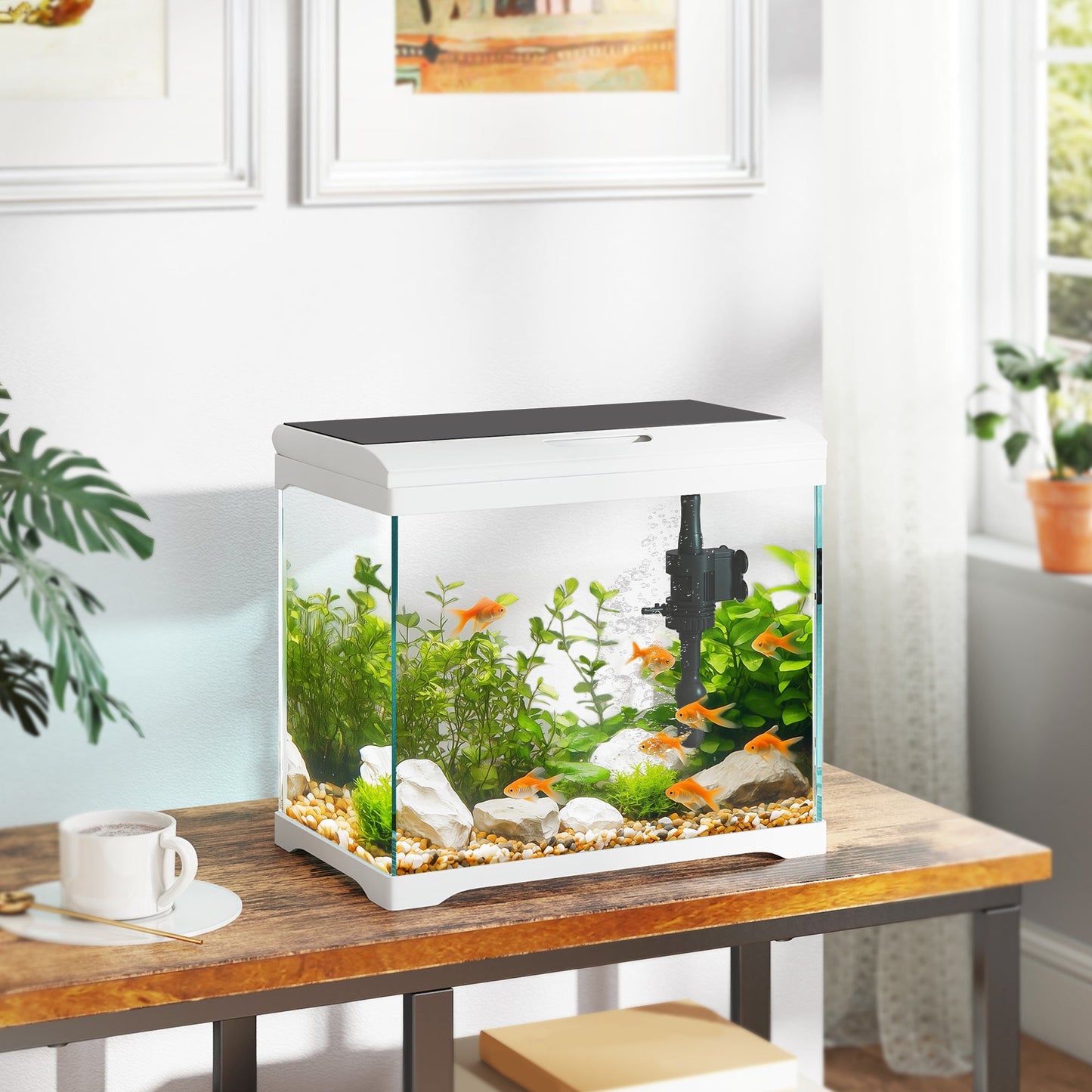 17L Fish Tank, Glass Aquarium with Filter System, LED Light, Water Pump, Fish Tank Starter Kits for Betta, Goldfish, Shrimps, White