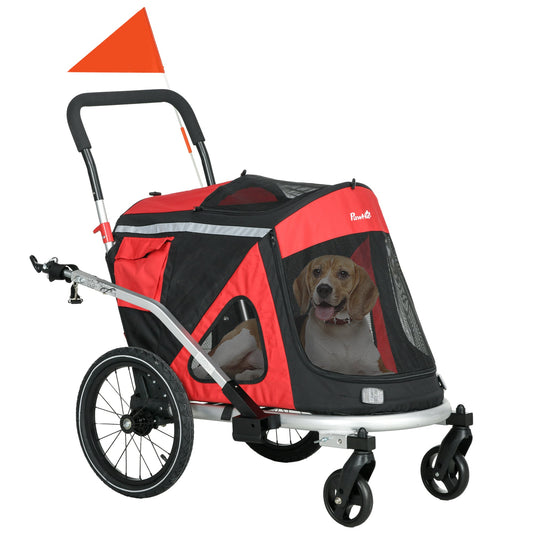 Dog Bike Trailer Dog Stroller 2 in 1 Foldable with Aluminium Frame, Quick-Release Wheels, Safety Leash, Anti-Slip Mat, Hitch Coupler, Reflectors, Flag, for Medium Dogs - Red