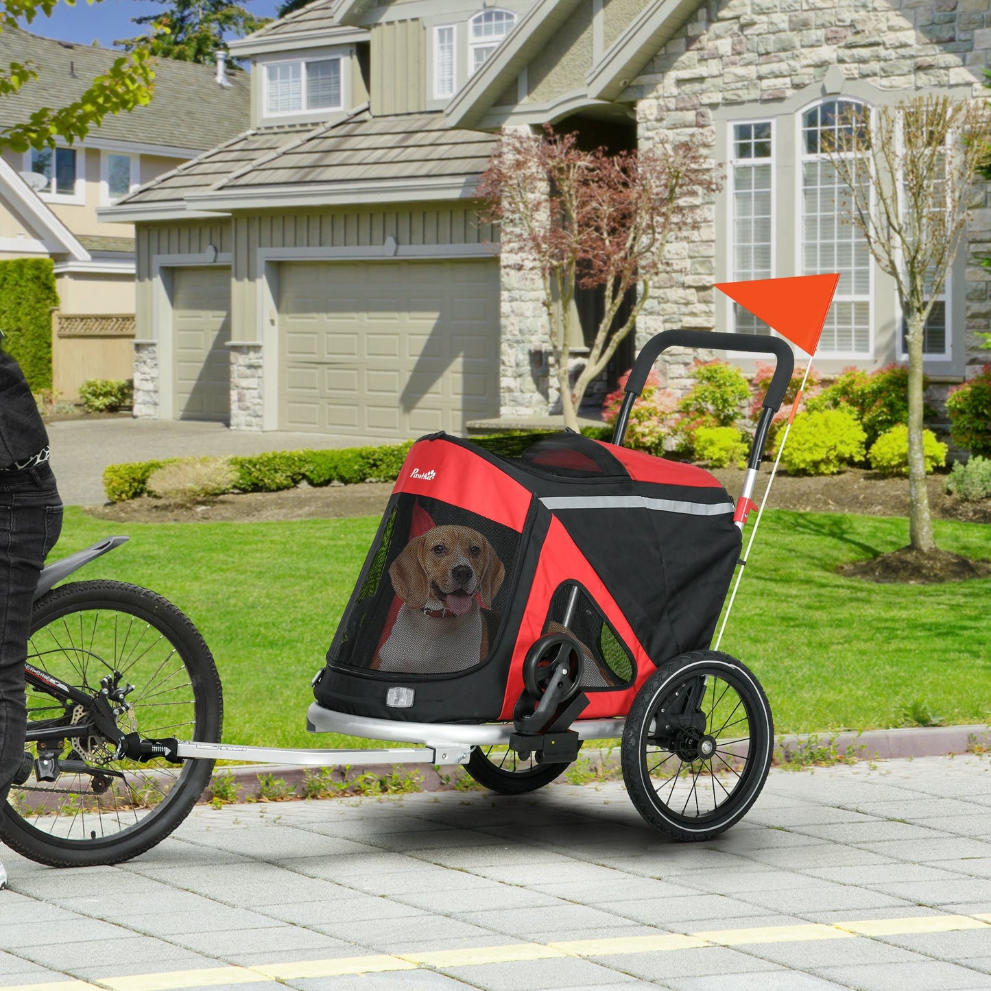 Dog Bike Trailer Dog Stroller 2 in 1 Foldable with Aluminium Frame, Quick-Release Wheels, Safety Leash, Anti-Slip Mat, Hitch Coupler, Reflectors, Flag, for Medium Dogs - Red