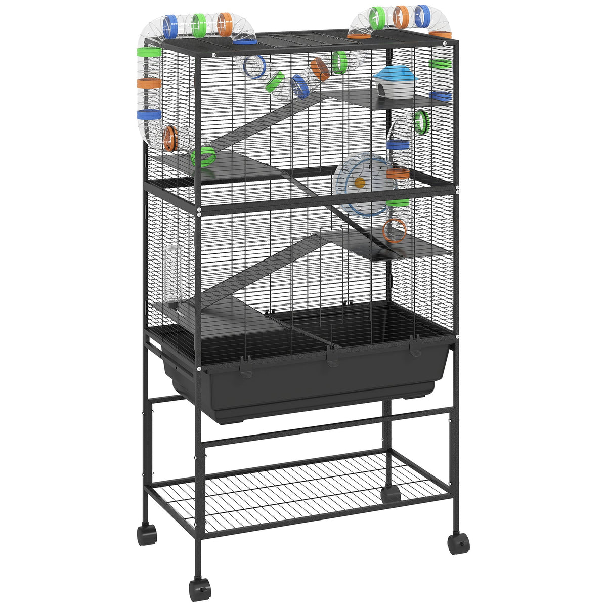 Hamster Cage, 5 Tier Large Gerbil Cage on Wheels with 17 cm Deep Tray, Storage Shelf, Big Exercise Wheel, Tube System, Hut, Platforms, Ramps, Food Dish, Water Bottle, for Syrian Hamsters, Rats