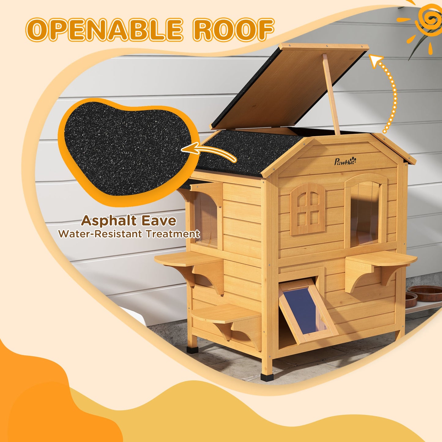 2-story Cat House Outdoor, Weatherproof Wooden Cat Enclosure for Feral Cats with Escape Door, Openable Roof, Jumping Platforms, Natural Wood Finish