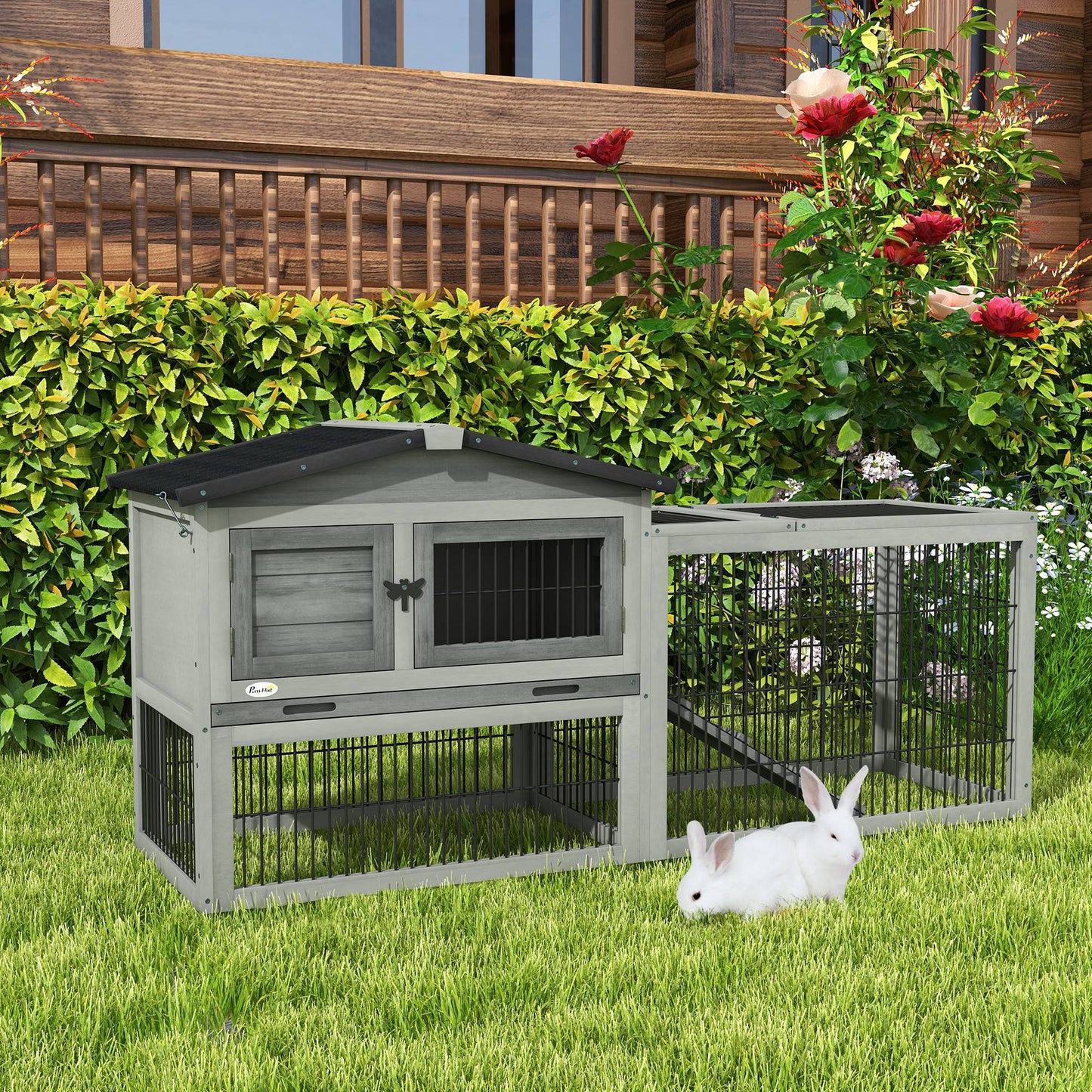 Rabbit Hutch Outdoor, Wooden Guinea Pig Hutch with Run, Openable Roof, Pull-Out Tray, Ramp for 1-2 Rabbits, 150 x 52.5 x 68 cm, Grey