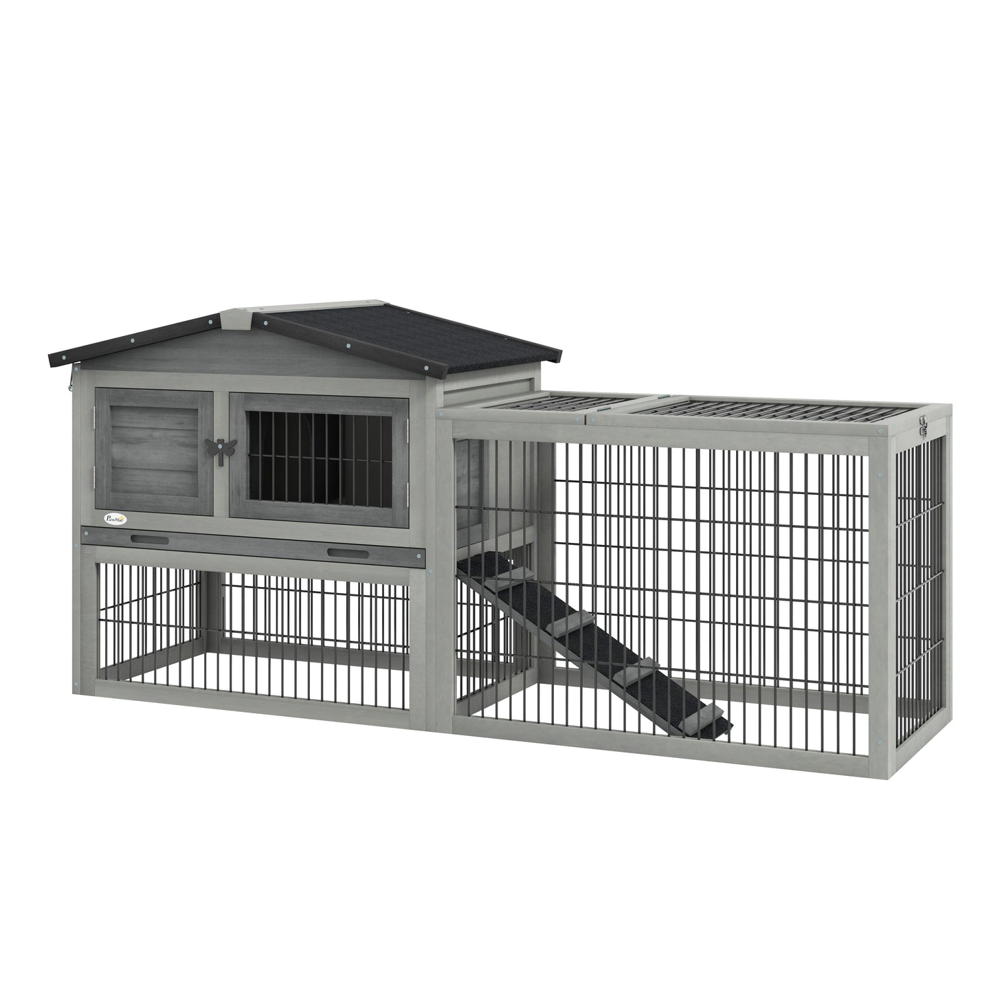 Rabbit Hutch Outdoor, Wooden Guinea Pig Hutch with Run, Openable Roof, Pull-Out Tray, Ramp for 1-2 Rabbits, 150 x 52.5 x 68 cm, Grey