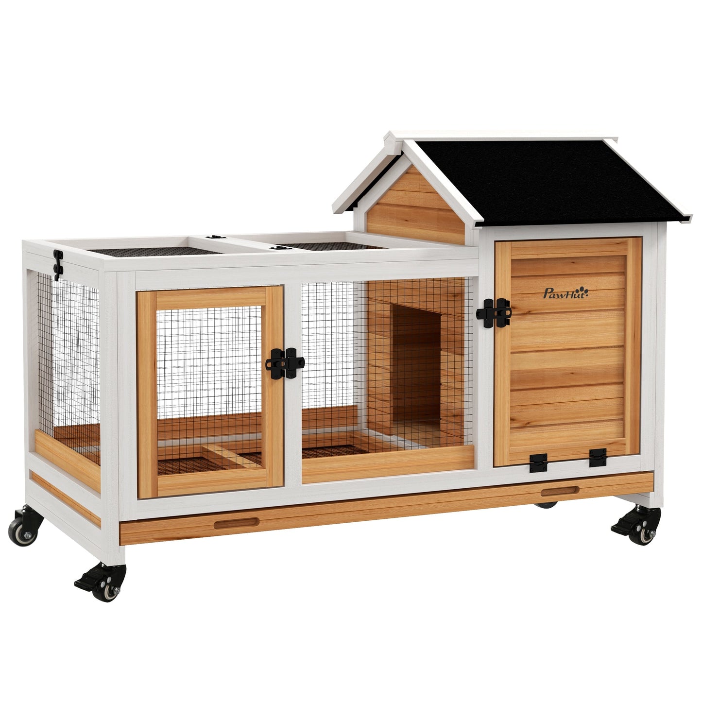 Wooden Rabbit Hutch with Wheels, Guinea Pig Cage, Small Animal House for Outdoor & Indoor with Slide-out Tray, 108 x 58 x 73.5cm, Yellow