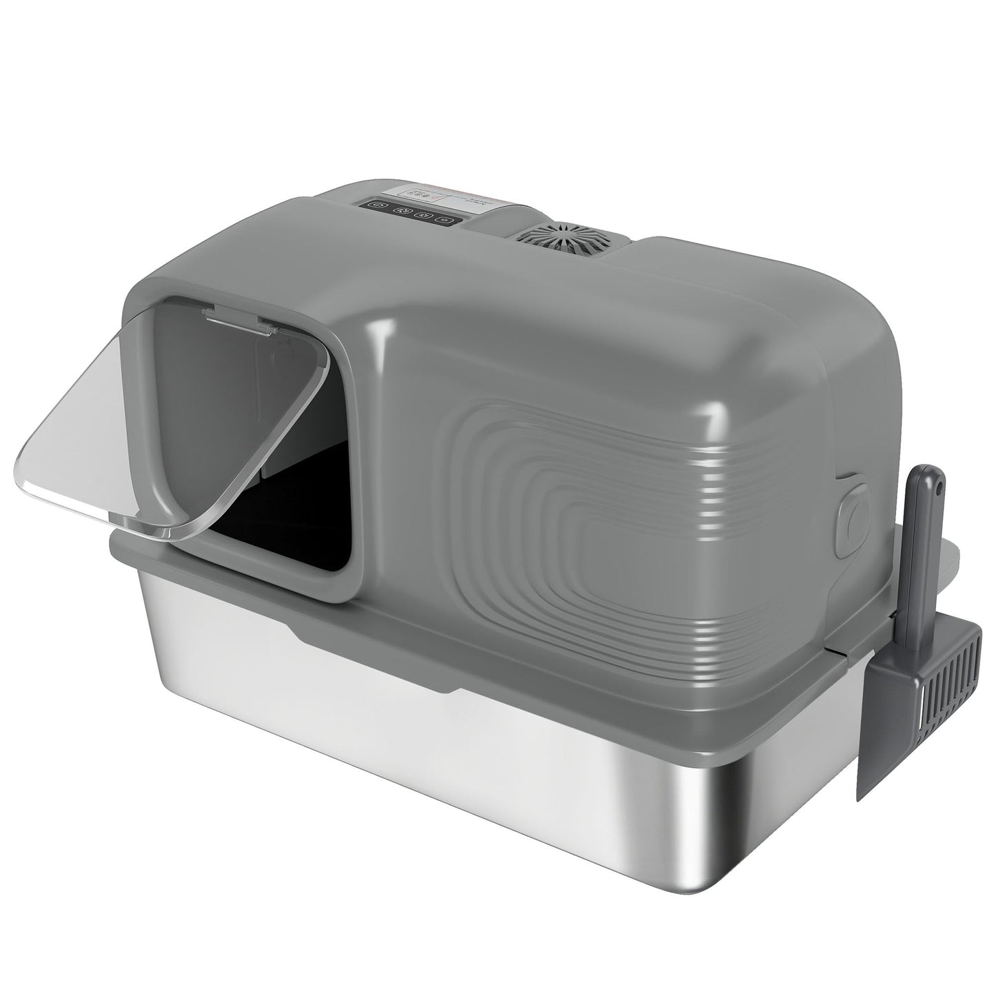 Stainless Steel Litter Tray with Plasma Deodoriser System, 65L Extra Large Enclosed Litter Box with Lid High, Sided Wall and Scoop for Larger Cats, Easy to Clean & Odour-Resistant, Grey