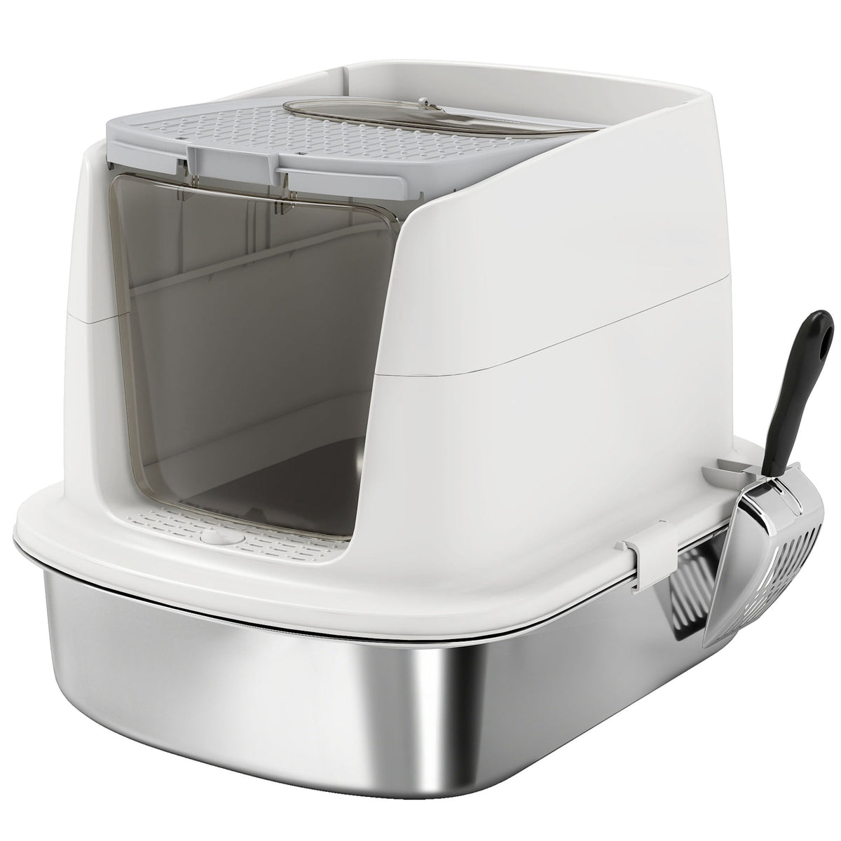 Stainless Steel Litter Box with Lid, Large Hooded Cat Litter Tray with Flip Cover, Metal Scoop, Deodoriser Bag, Non-Sticky, Odour Control and Easy Clean, White