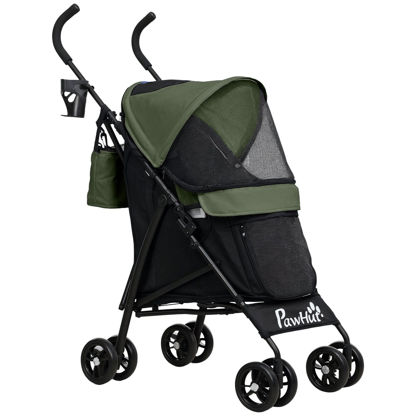 Pet stroller for Miniature Dogs, Foldable Dog Stroller with Shoulder Strap, 4 Wheels Pet Pram with Storage Bag, Cup Holder, Dark Green