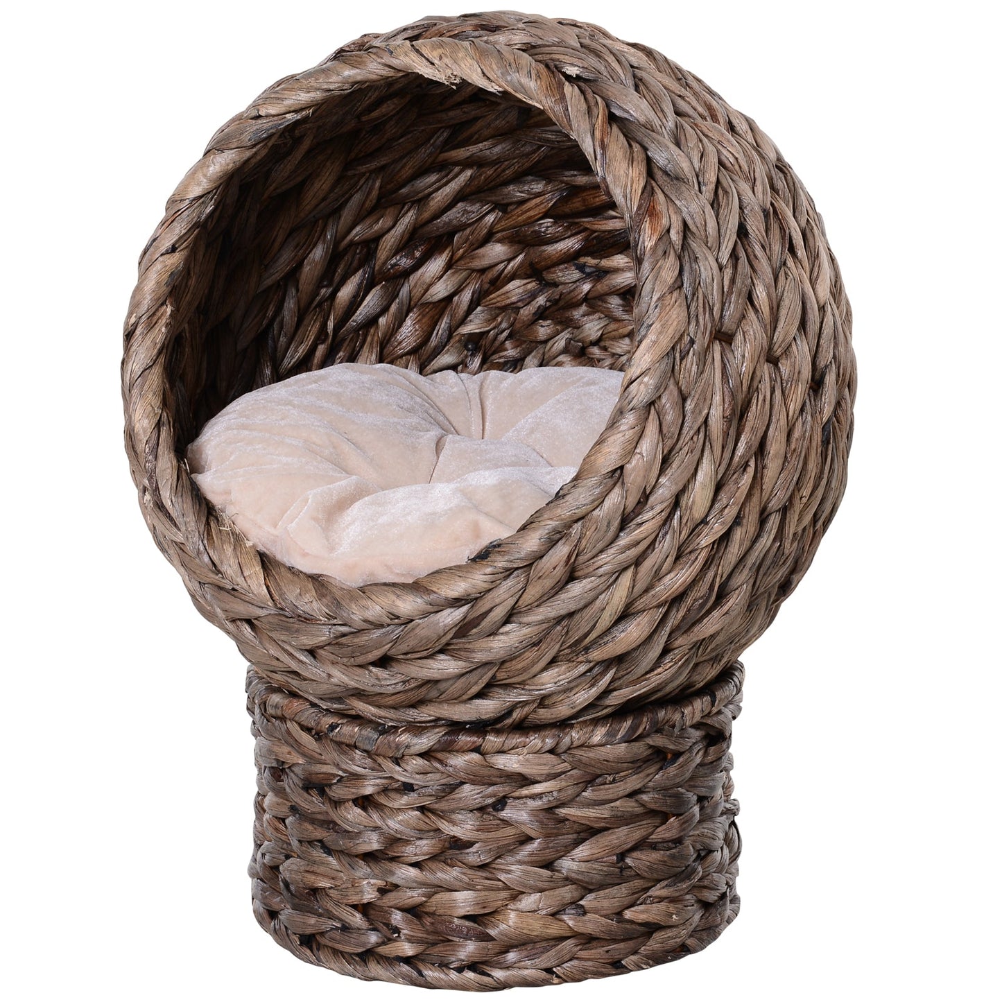 Wicker Cat House, Raised Cat Bed with Cylindrical Base, Soft Washable Cushion, Woven Water Hyacinth Cat Basket for Indoor and Outdoor, 42 x 33 x 52 cm - Dark Brown