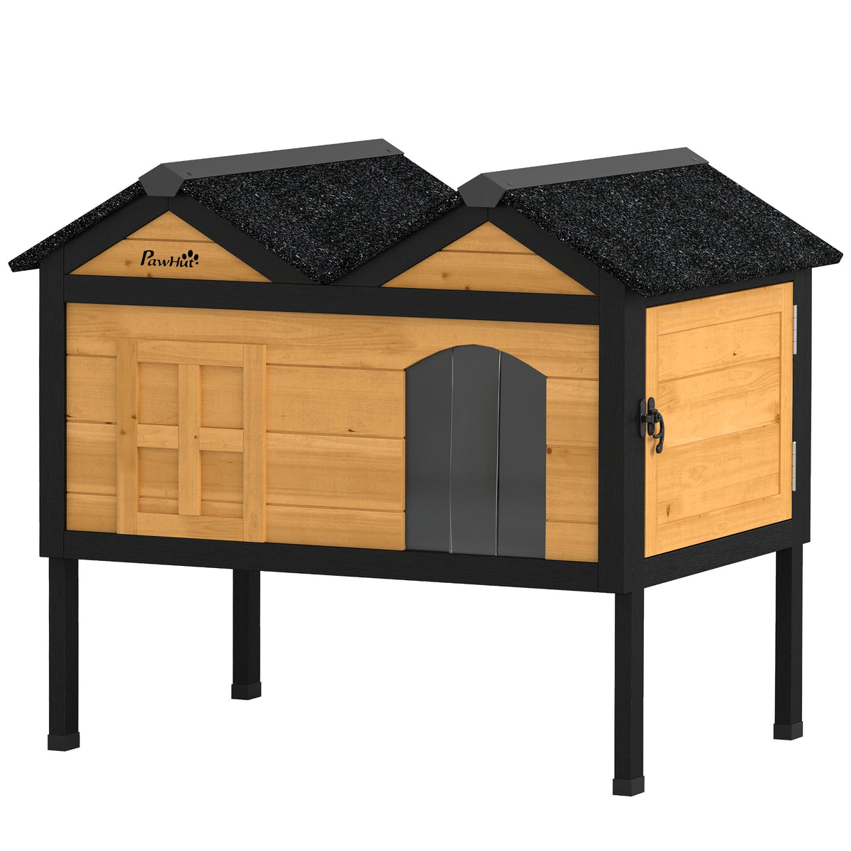 Outdoor Cat House Wooden with Removable Liner, Raised Cat Shelter Outdoor Indoor, Weatherproof Asphalt Roof, Wide Side Cleaning Door, PVC Curtain, 1 Cat up to 10 kg