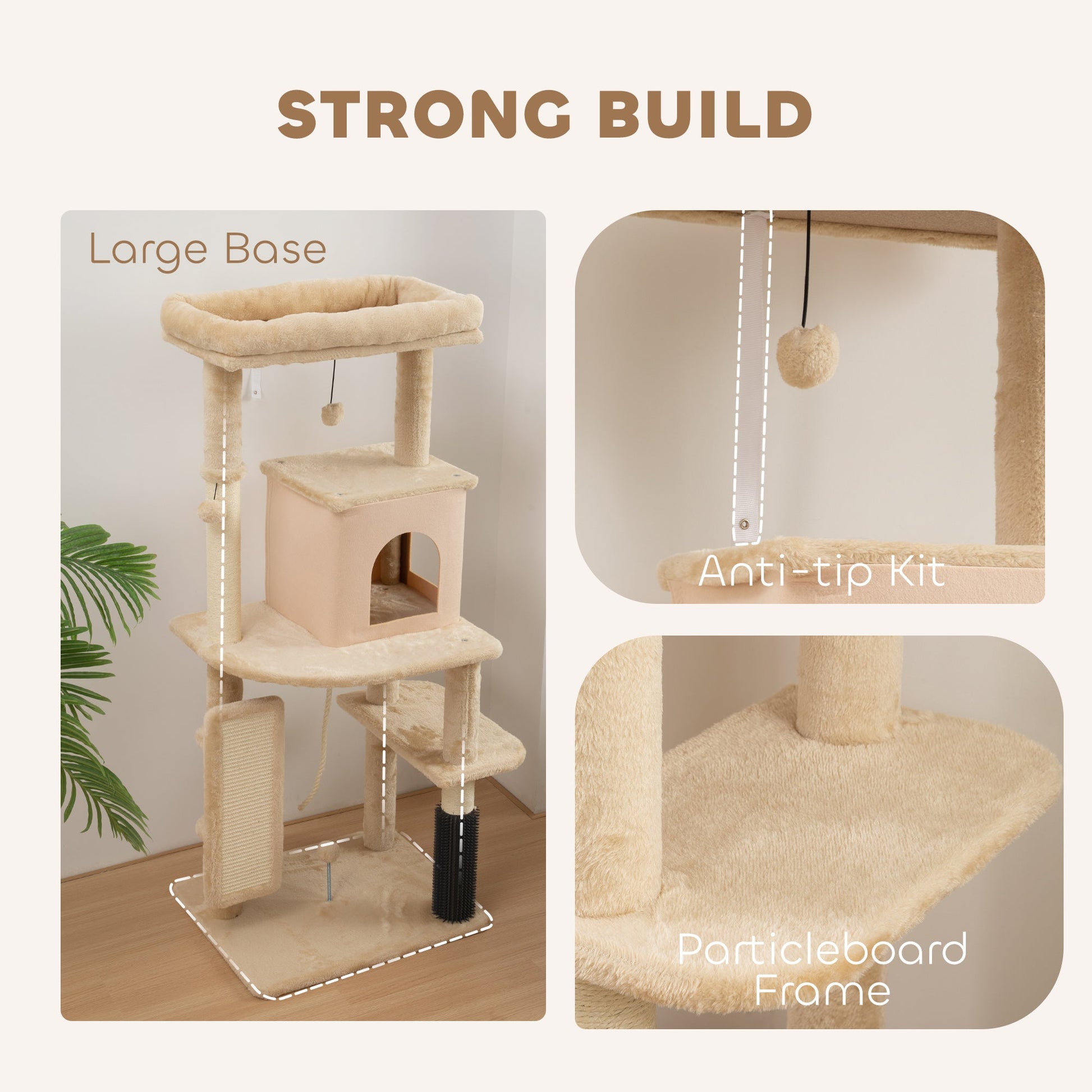 Cat Tree for Indoor Kittens, 132cm Cat Tower with Scratching Posts and Pad, Bed, House, Jumping Platform, Grooming Brush, Toy Balls, Anti-Tip Kit, Cat Climbing Frame, Beige