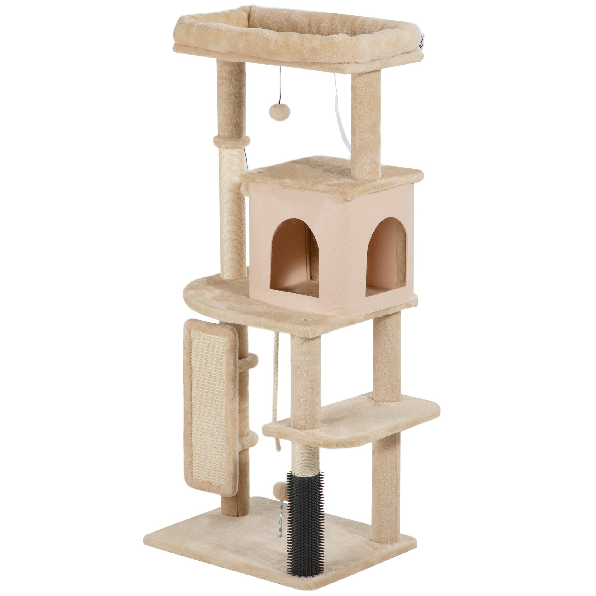 Cat Tree for Indoor Kittens, 132cm Cat Tower with Scratching Posts and Pad, Bed, House, Jumping Platform, Grooming Brush, Toy Balls, Anti-Tip Kit, Cat Climbing Frame, Beige
