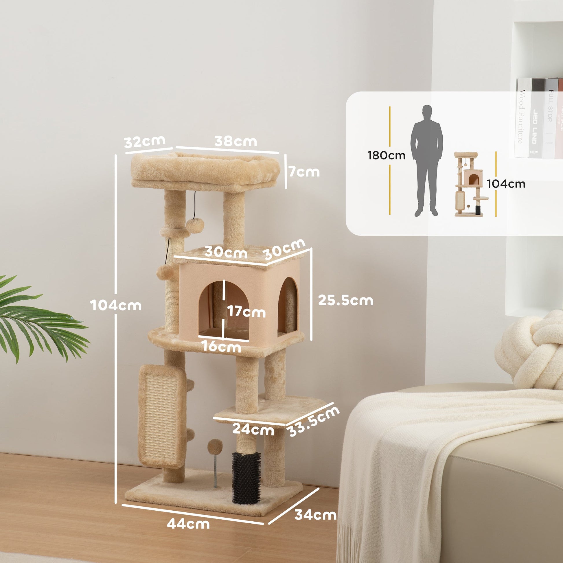 Cat Tree for Indoor Kittens, 132cm Cat Tower with Scratching Posts and Pad, Bed, House, Jumping Platform, Grooming Brush, Toy Balls, Anti-Tip Kit, Cat Climbing Frame, Beige