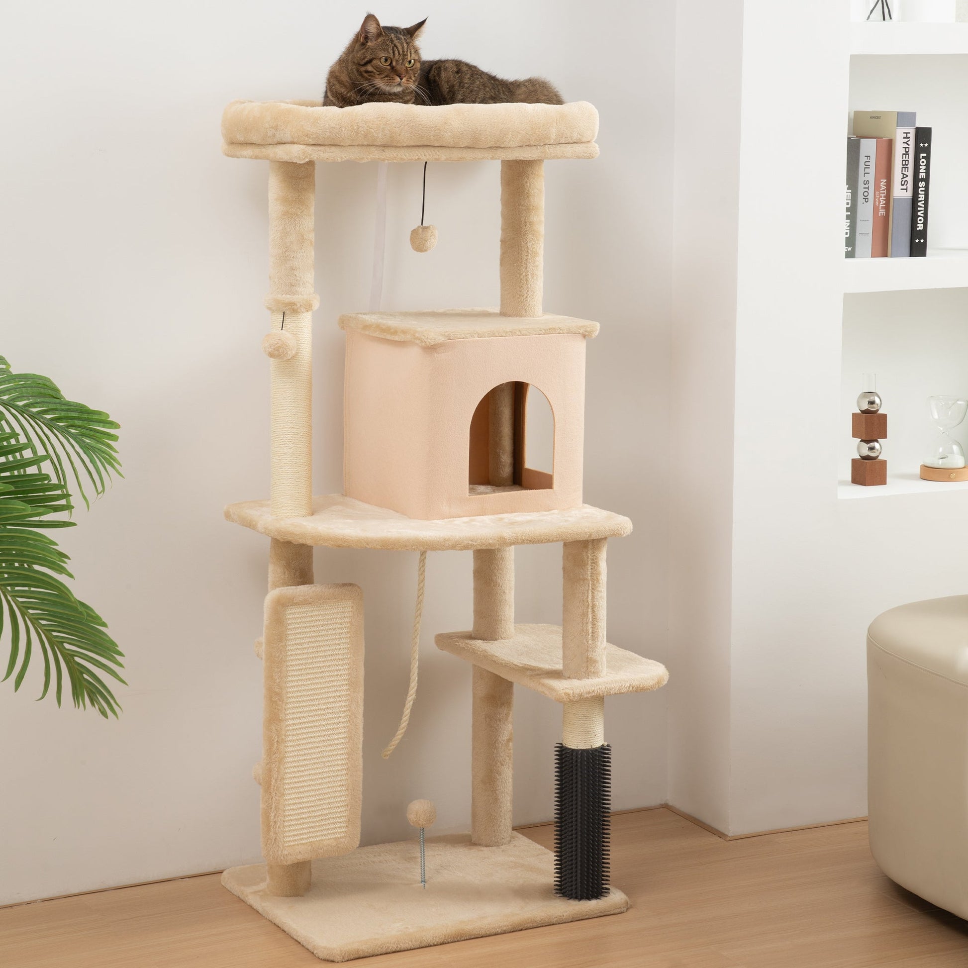 Cat Tree for Indoor Kittens, 132cm Cat Tower with Scratching Posts and Pad, Bed, House, Jumping Platform, Grooming Brush, Toy Balls, Anti-Tip Kit, Cat Climbing Frame, Beige