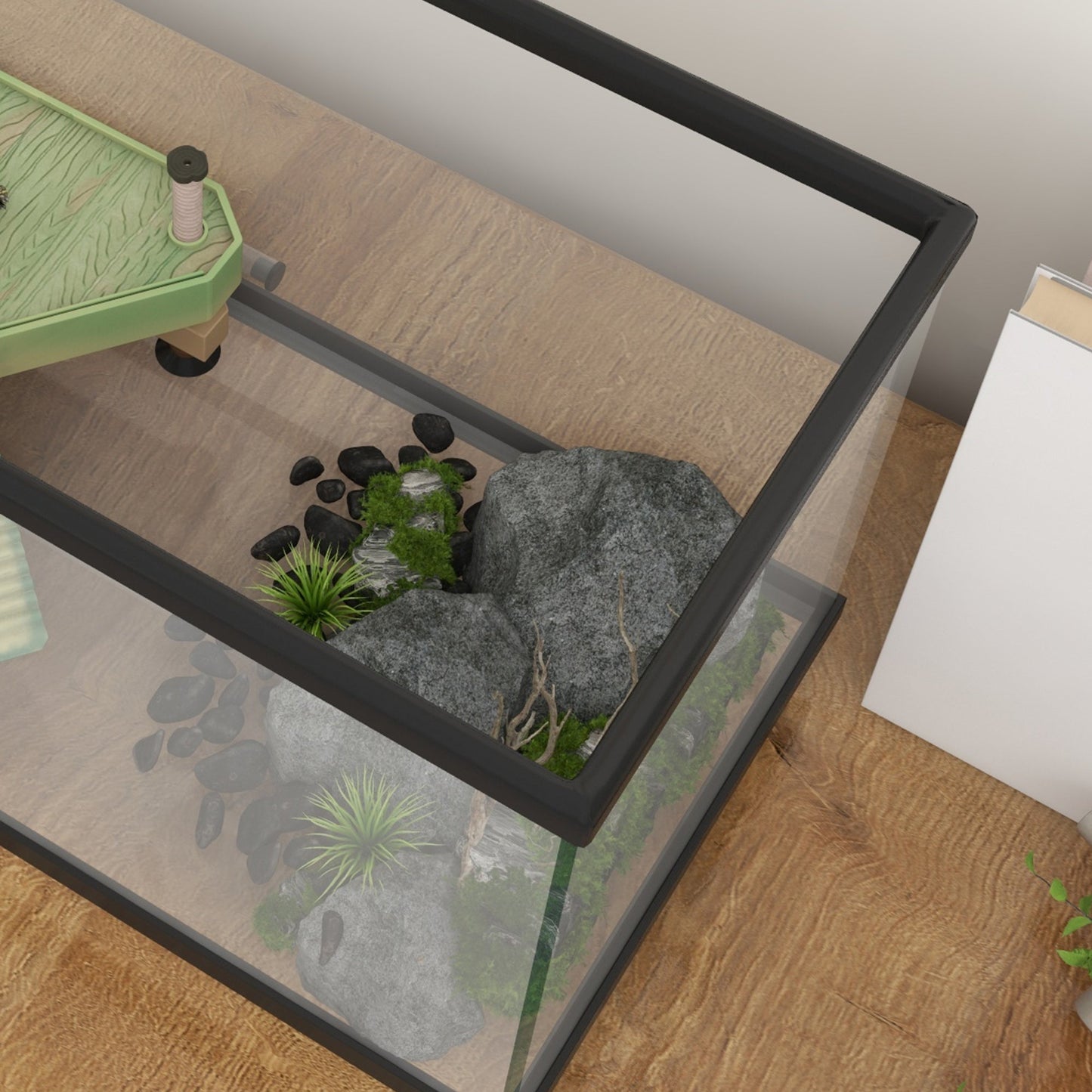 Turtle Tank, 28L Glass Turtle Aquarium with Basking Platform, Ramp, Easy Drainage, Strip Patch Thermometer, for Small Turtles, 45 x 25 x 29cm
