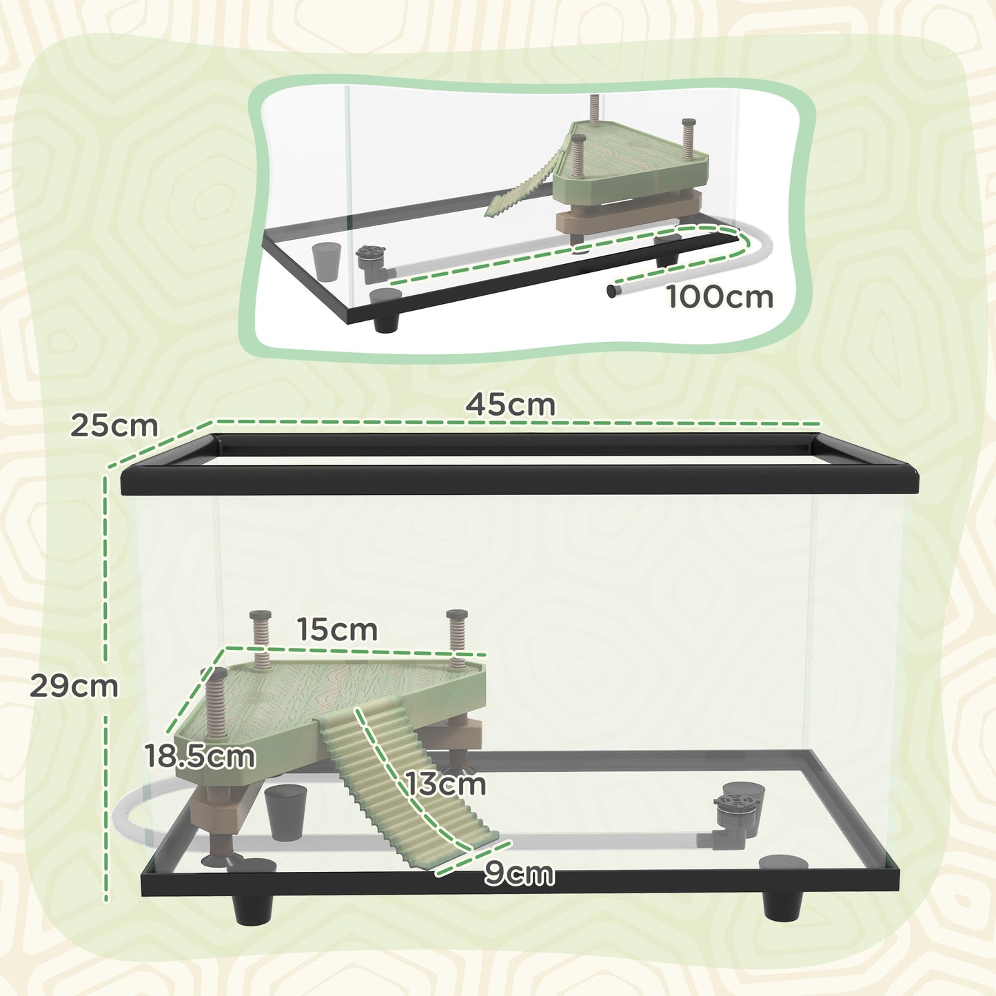 Turtle Tank, 28L Glass Turtle Aquarium with Basking Platform, Ramp, Easy Drainage, Strip Patch Thermometer, for Small Turtles, 45 x 25 x 29cm