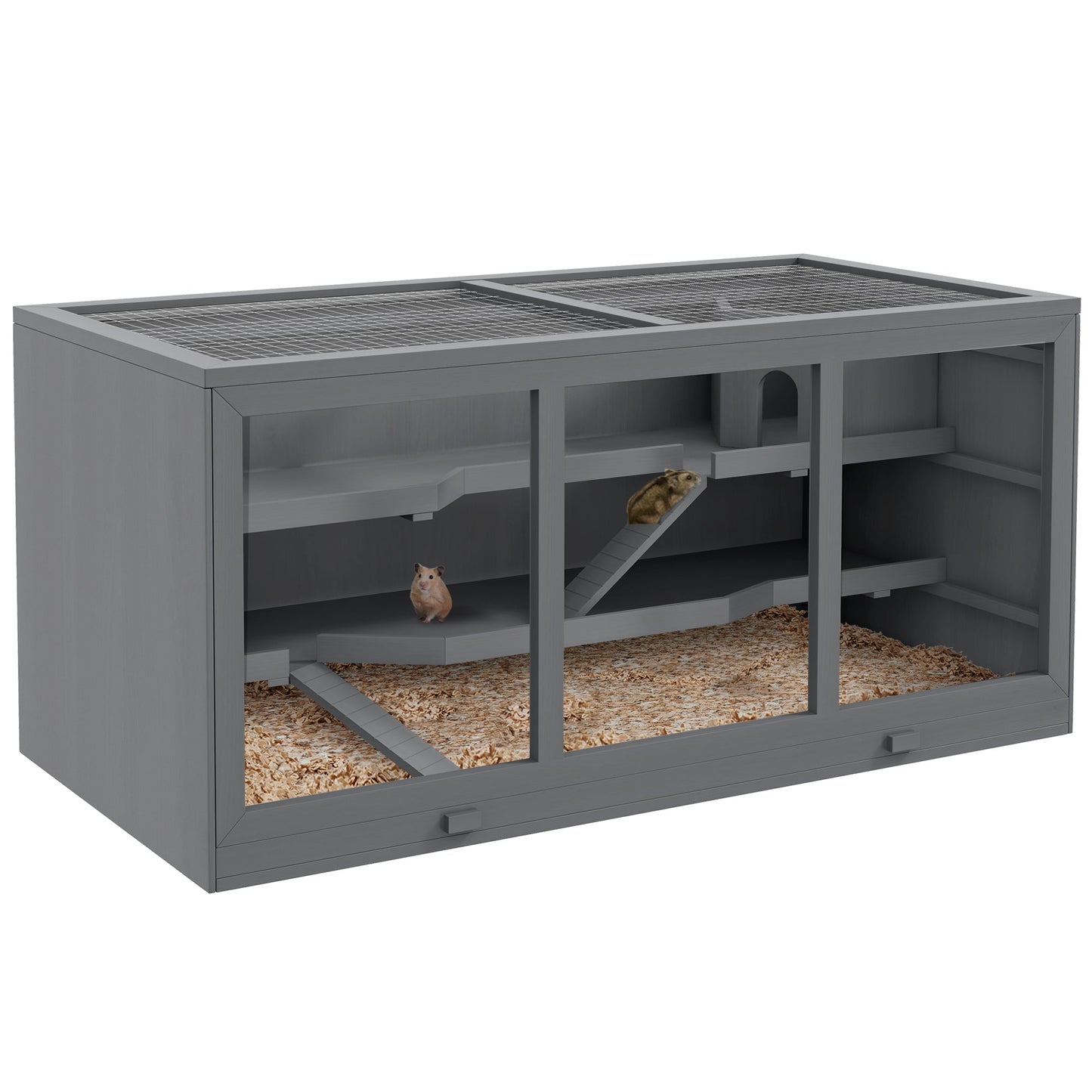 Wooden Hamster Cage, Small Animals Hutch with Tray, Openable Top, Exercise Run, Grey