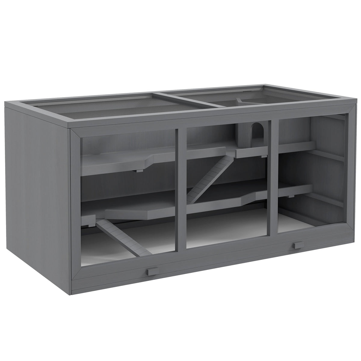 Wooden Hamster Cage, Small Animals Hutch with Tray, Openable Top, Exercise Run, Grey