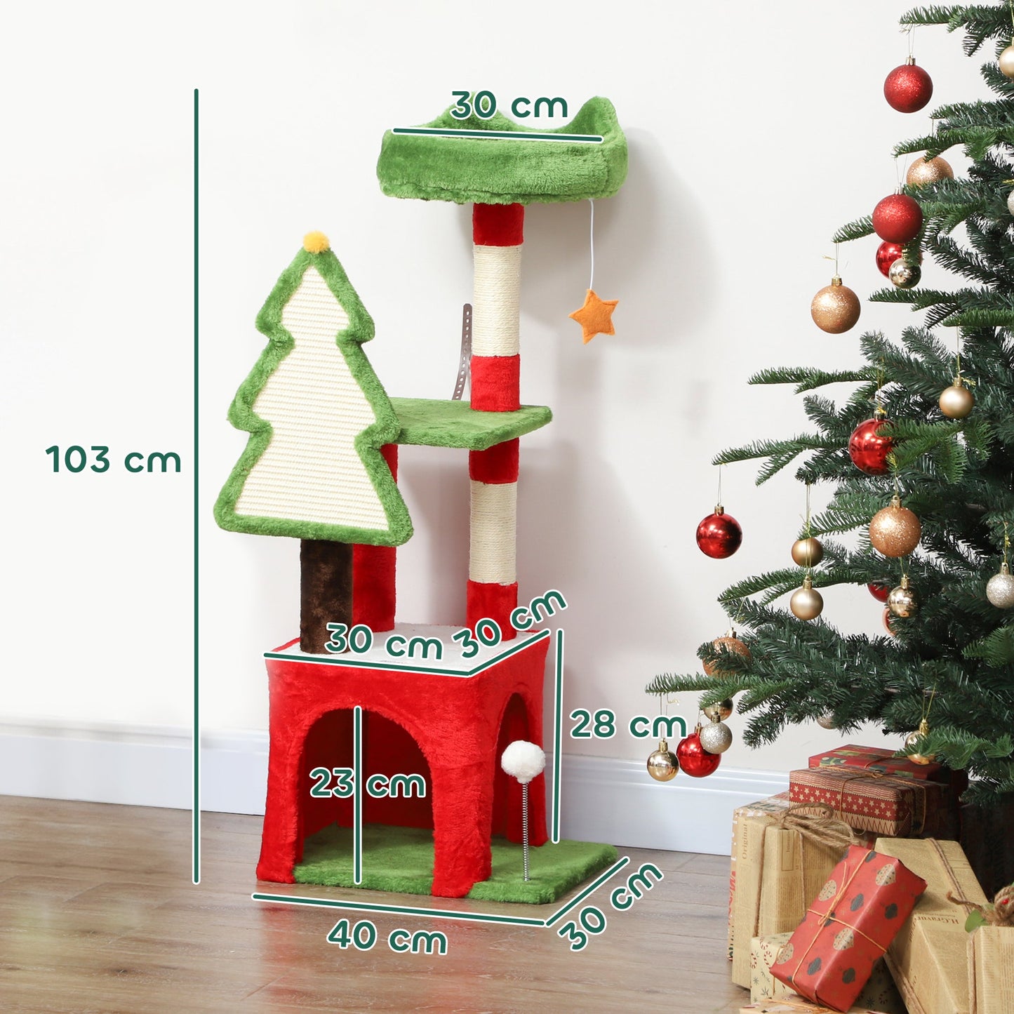 Christmas Cat Tree, 103cm Multilevel Cat Climbing Tower with Scratching Post and Board, Condo, Platform and Toys, Kitty Activity Centre for Indoor Kittens, Green
