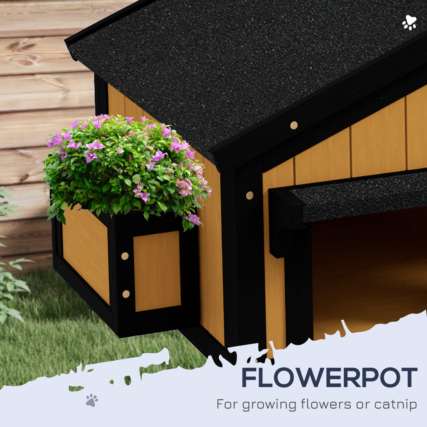 Wooden Outdoor Cat House with Flower Pot, Windows, Multiple Entrances, Water-Resistant Roof - Yellow