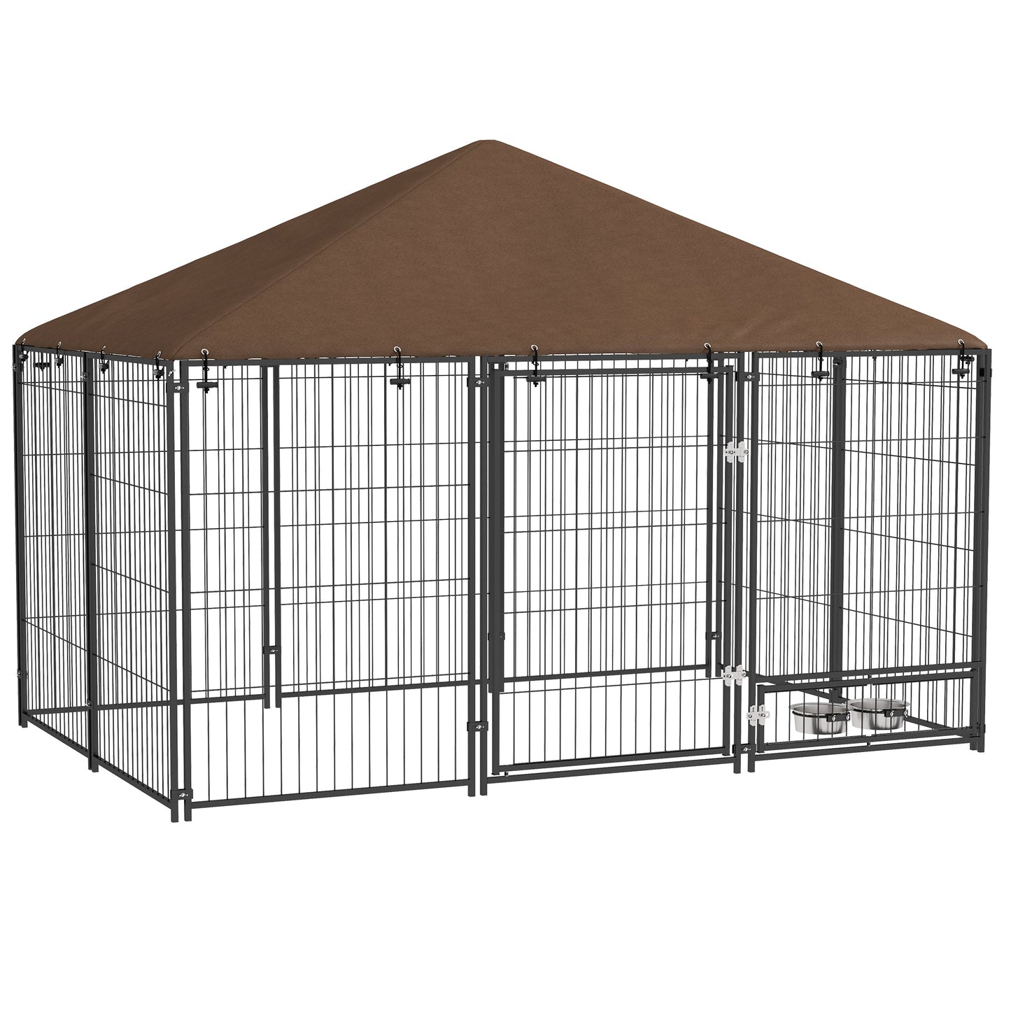 Outdoor Dog Kennel Puppy Play Pen with Canopy Garden Playpen Fence Crate Enclosure Cage Rotating Bowl 211 x 141 x 151 cm