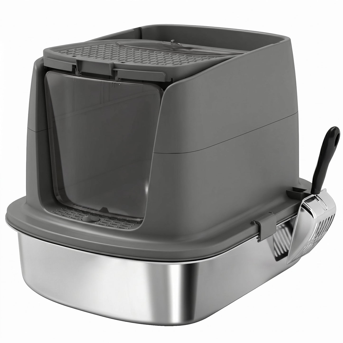 Stainless Steel Litter Box with Lid, Large Hooded Cat Litter Tray with Flip Cover, Metal Scoop, Deodoriser Bag, Non-Sticky, Odour Control and Easy Clean, Dark Grey