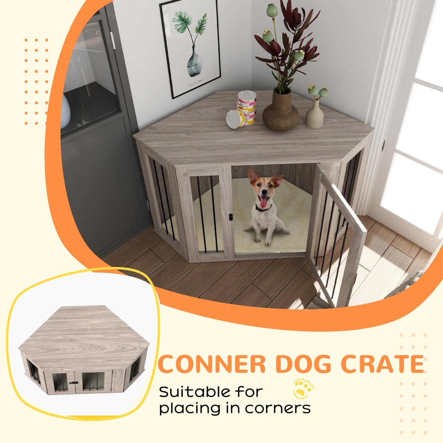 2 in 1 Dog Crate Furniture, Side Table Dog Kennel with Cushion, Large Door, for Large Dogs - Walnut Brown