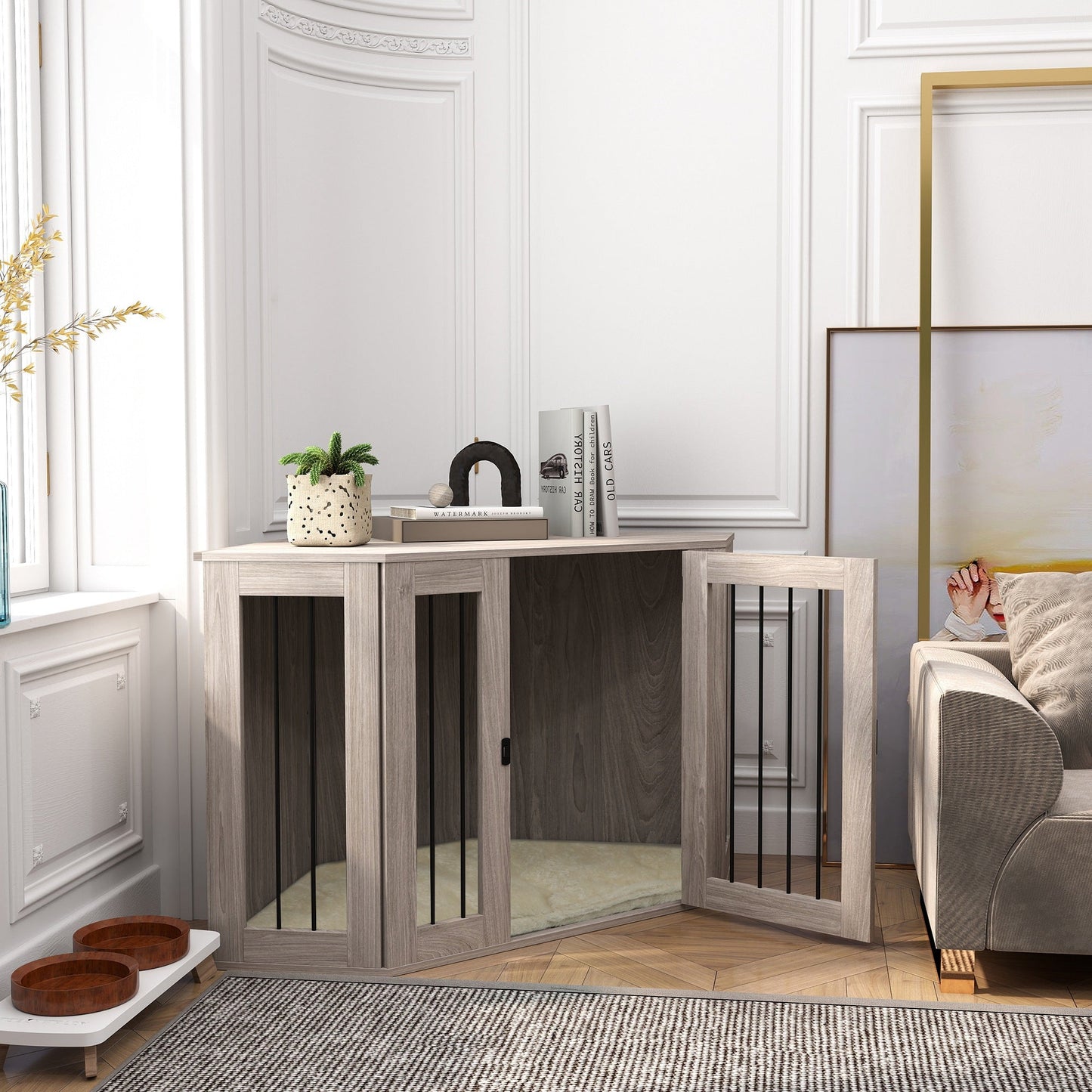 2 in 1 Dog Crate Furniture, Side Table Dog Kennel with Cushion, Large Door, for Large Dogs - Walnut Brown