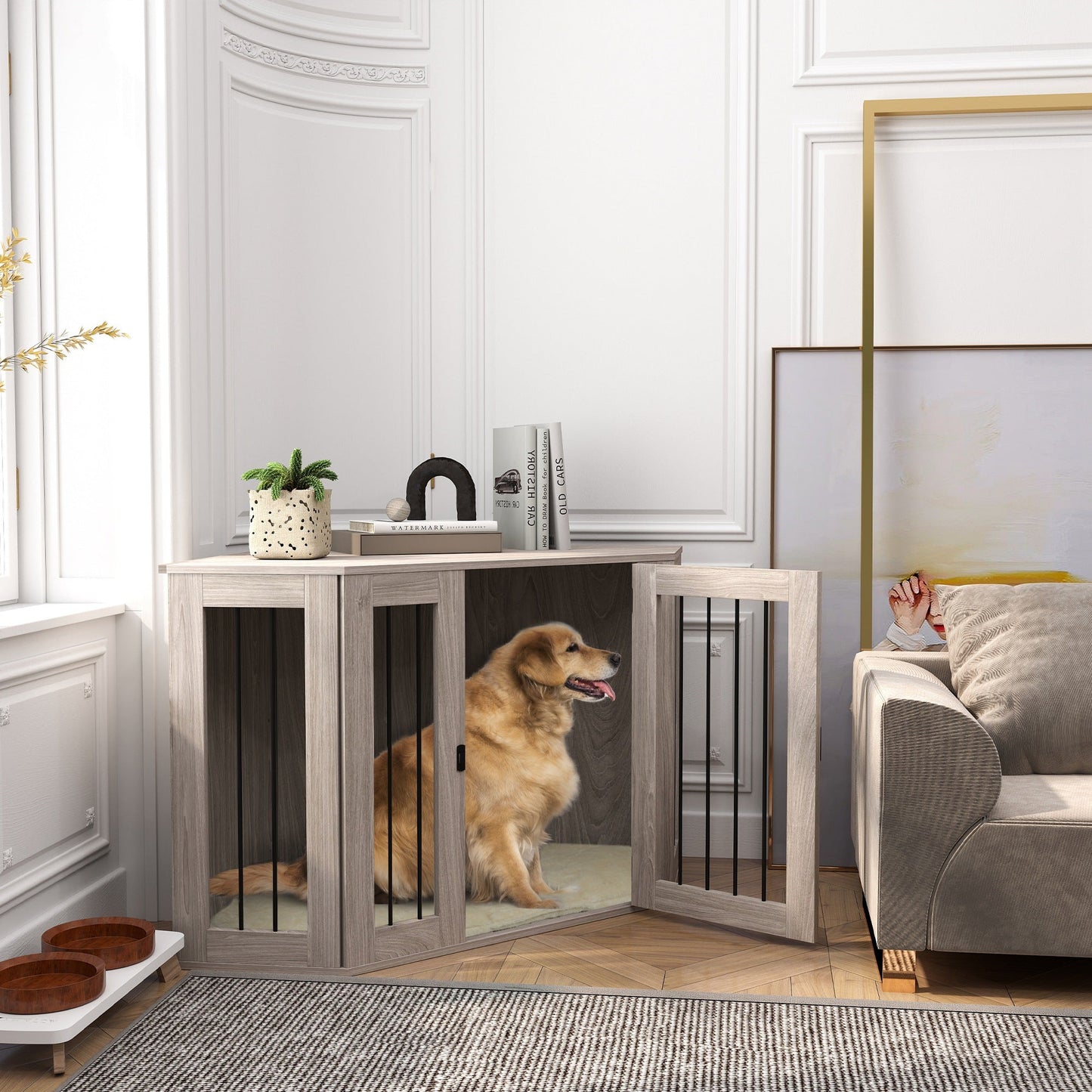 2 in 1 Dog Crate Furniture, Side Table Dog Kennel with Cushion, Large Door, for Large Dogs - Walnut Brown